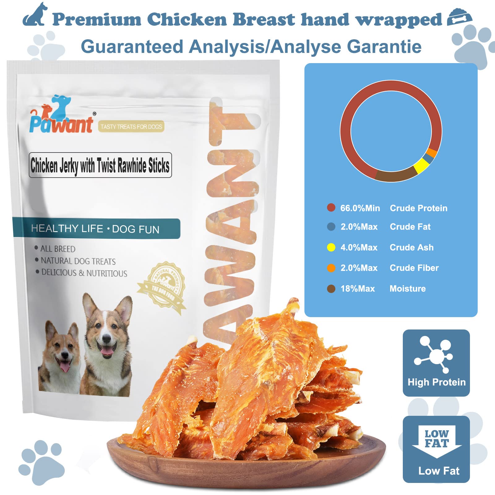Pawant Chicken Jerky with Twist Rawhide Sticks Puppy Training Snacks Dog Chews Treats 2lb