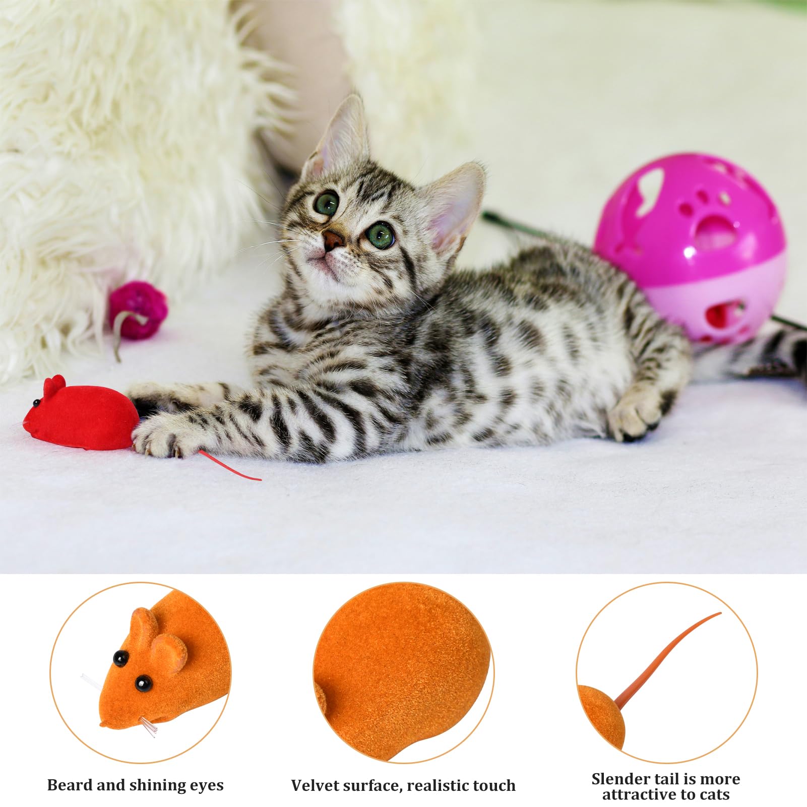 Pumwoy 6Pcs Cat Mouse Toy,Squeaky Kitten Toys,Cat Mice Toys Plastic Body With Thin Velvet,Interactive Cats Toy For Bored Indoor