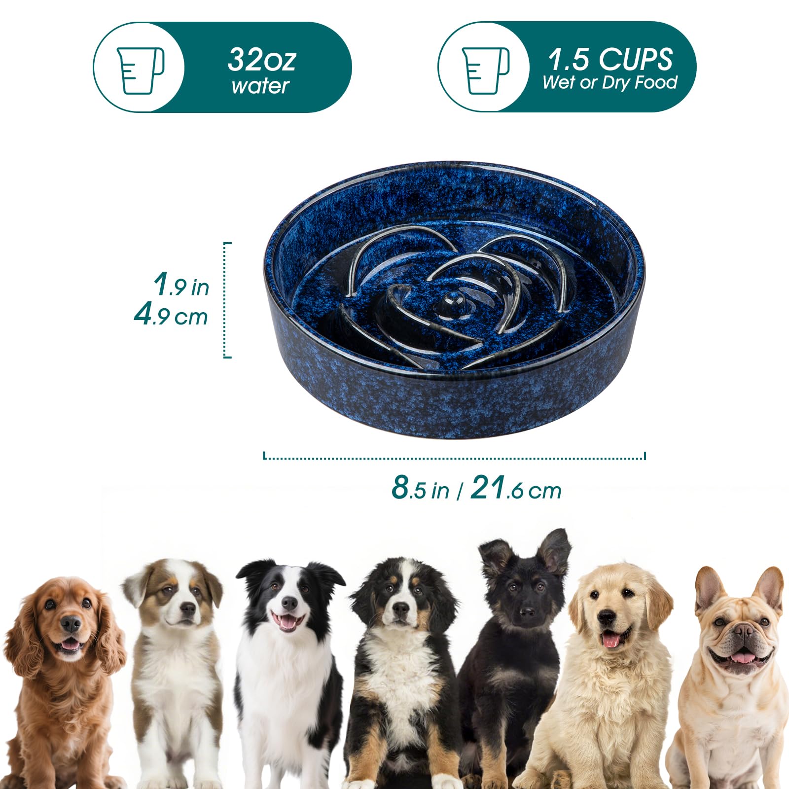 vancasso Slow Feeder Dog Bowl, 1.5 Cups, Blue Ceramic Puzzle Maze for Medium Breeds, Model VC-MSGW-HB-B-02-VIP011