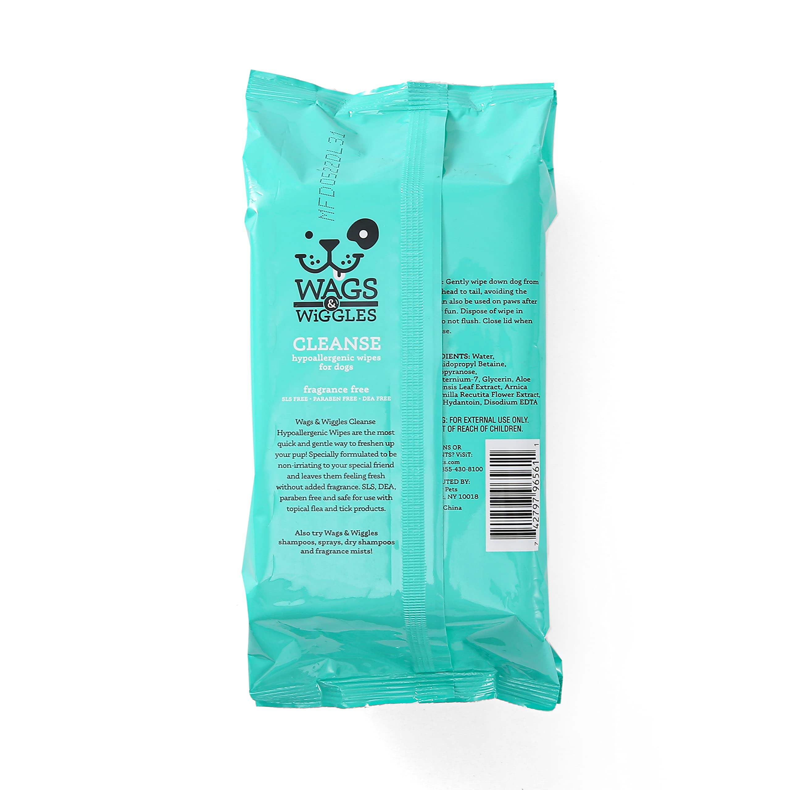Wags & Wiggles Cleanse Hypoallergenic Wipes 100Ct | Hypoallergenic Dog Wips 100 Count Package, Fragrance Free | Waterless Bathin