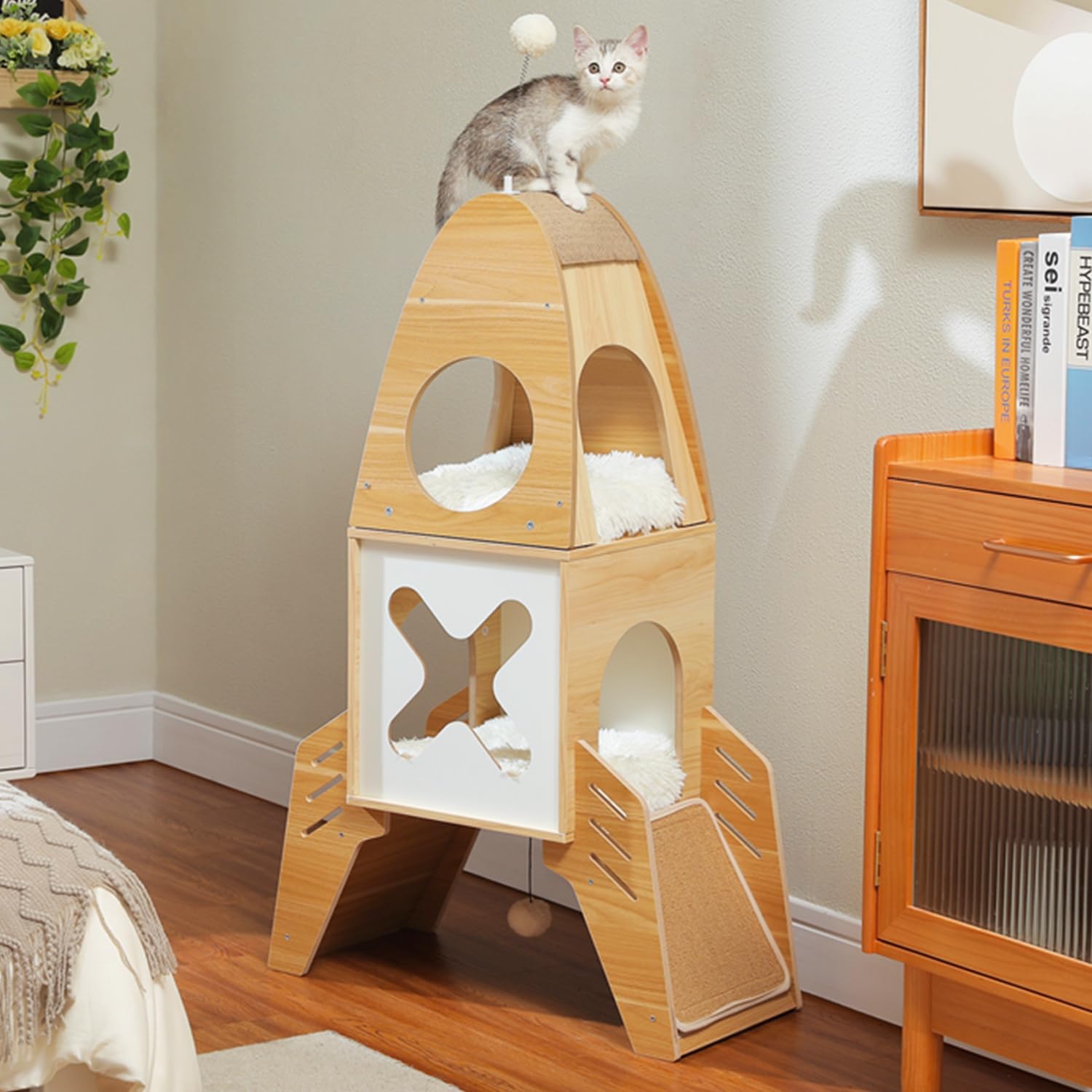 Muttros Modern Cat Tree Rocket Ship, Wood Cat Tower For Indoor Cats, 47' Multilevel Wooden Cat Furniture With 2 Condos, Danglin