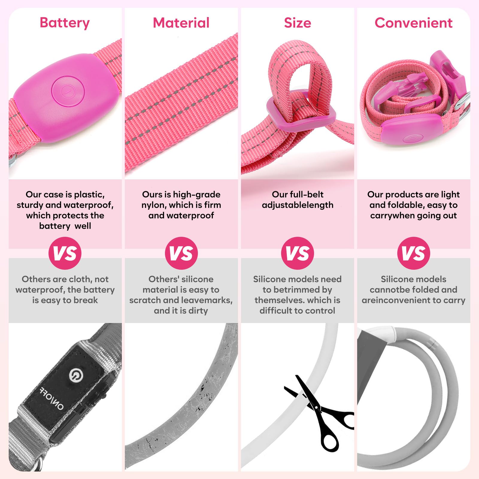 Led Lighted Reflective Dog Collar For Night Safety, Usb Rechargeable, Glow Collar For Dogs, Waterproof Adjustable Flashing (Pink