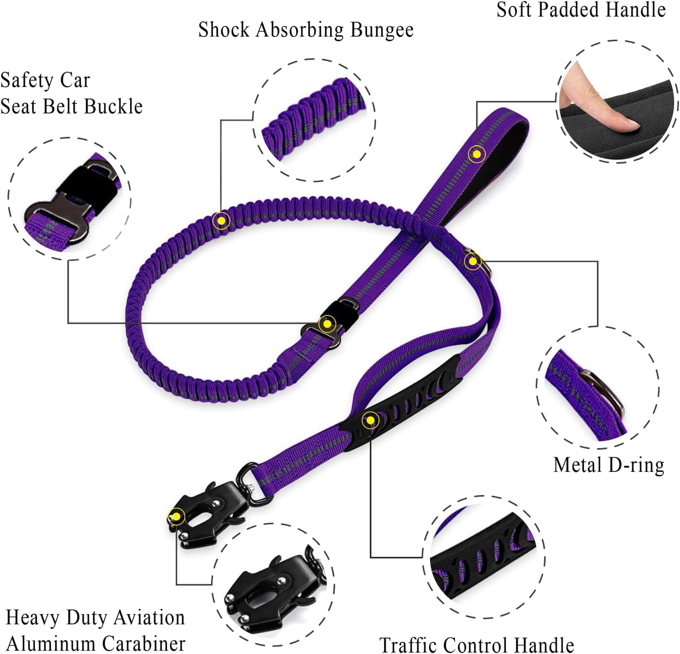 Heavy Duty Tactical Bungee Dog Leash, 4-6FT Shock Absorbing Tactical Dog Leash with 2 Padded Handles, Metal Carabiner Clip,Car S