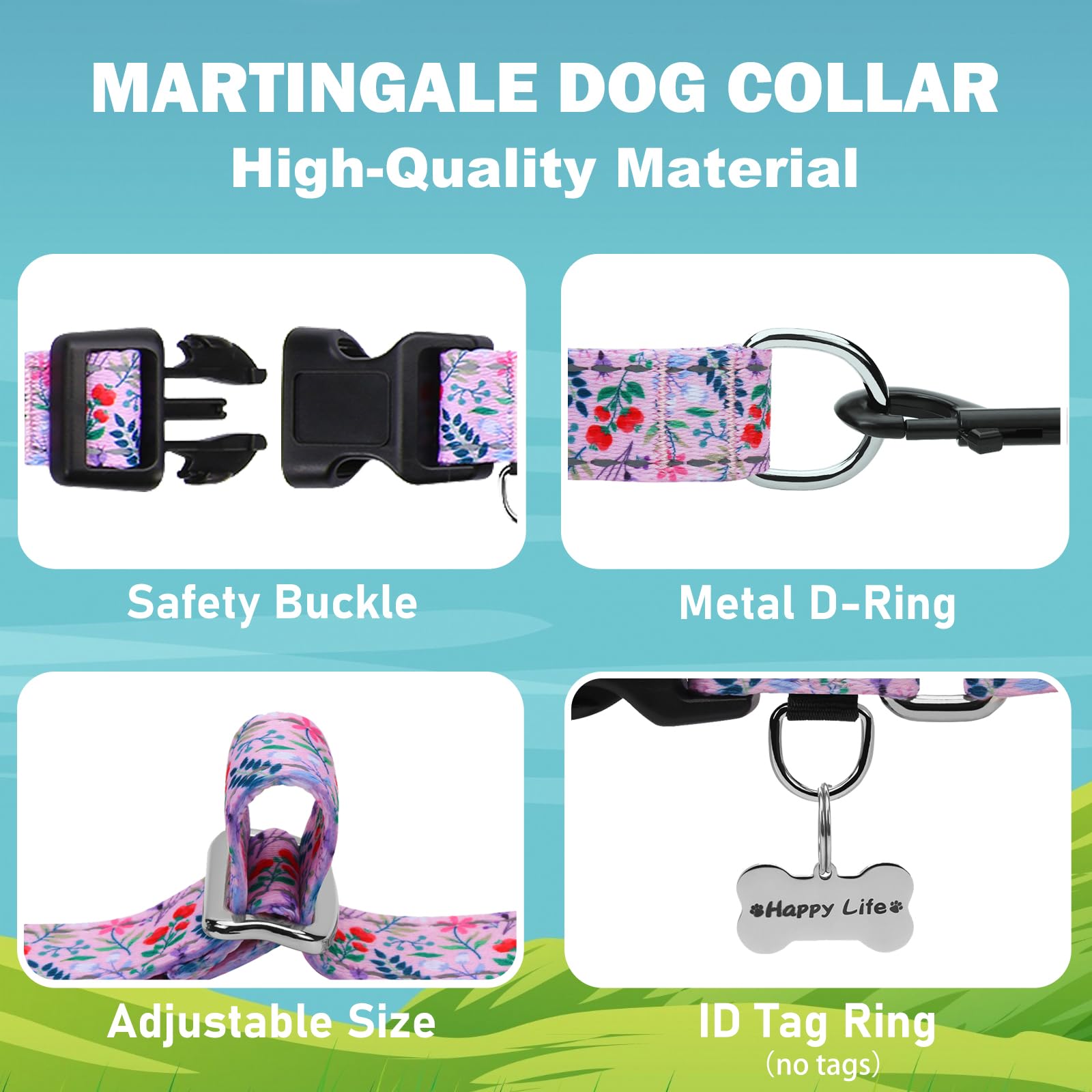 Fidohug Reflective Martingale Collar With Quick Release Buckle Anti Pulling Girl Female Dog Collars (Pink Flowers Plants, Medium