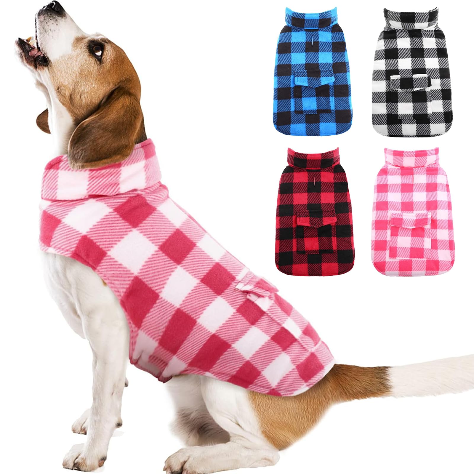 Kuoser Dog Winter Coat, Windproof Dog Fleece Jacket British Style Plaid Cold Weather Dog Vest Coats, Reversible Cozy Warm Dog Clothes Pet Apparel For Medium Dogs M