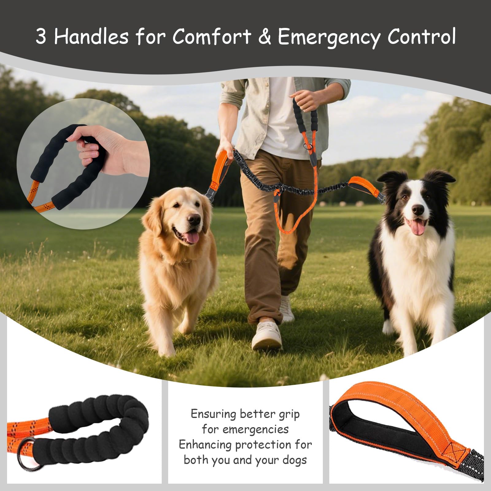 Leosasa Double Dogs Leash - Removable Main Lead Rope With Splitter, No Tangle 2 Dog Coupler, Reflective No Pull Bungee, 3 Handle
