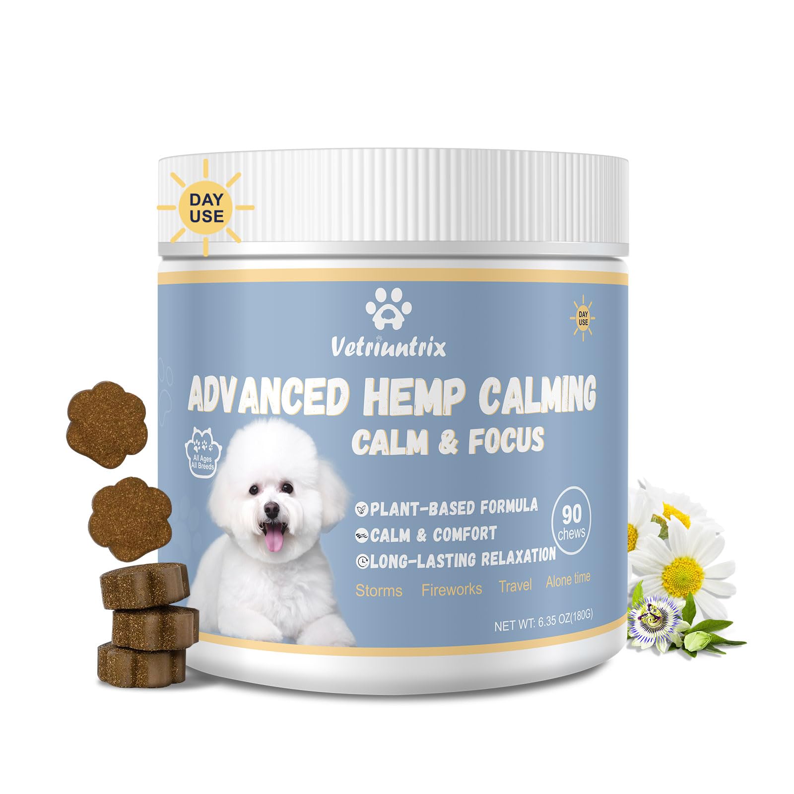 Vetriuntrix Calming Chews for Dogs, Dog Calming Soft Chews for Fireworks, Storms, Thunder, Barking, Separation, 90 Count
