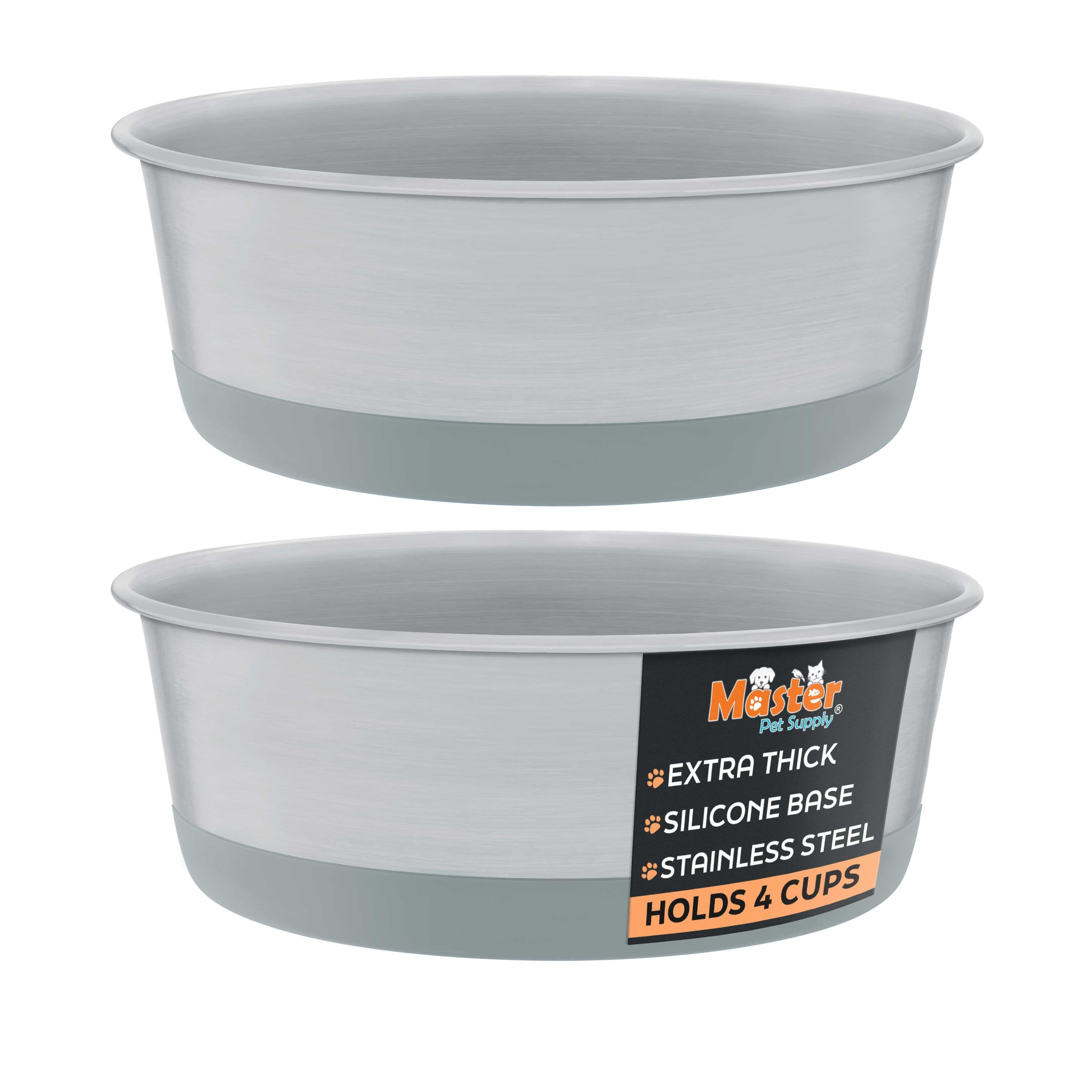 Master Pet Supply Stainless Steel Dog Bowls Set of 2 with Extra Thick Silicone Base - 4 Cup (32 oz) Graphite, Non-Slip, Dishwash