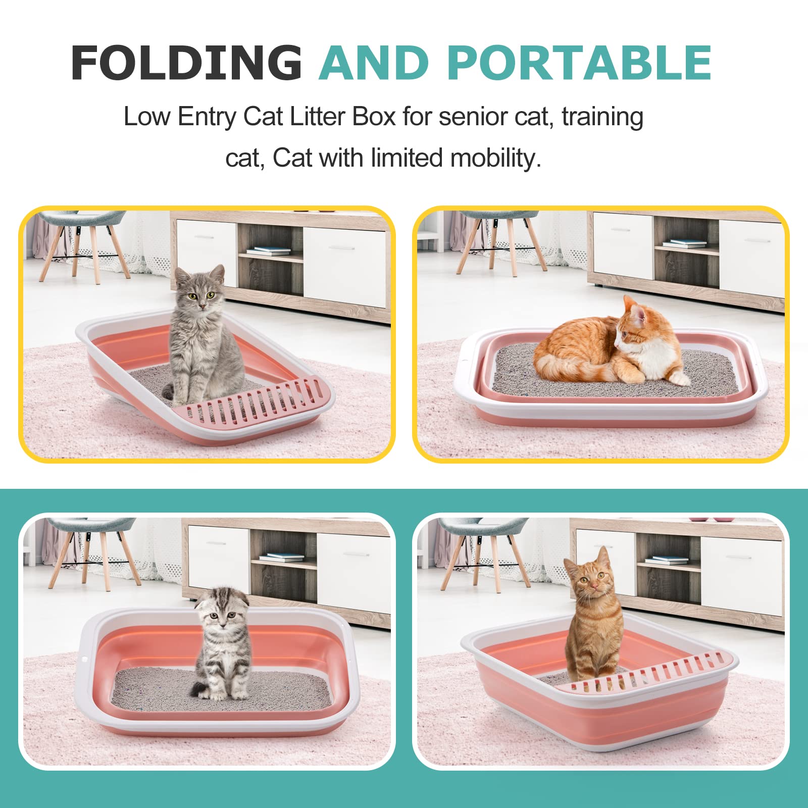 TomteNisse Open Top Cat Litter Box, Large Foldable Cat Potty Height-Adjustable Sides Anti-Splash, Open Air Kitty Litter Pan No S