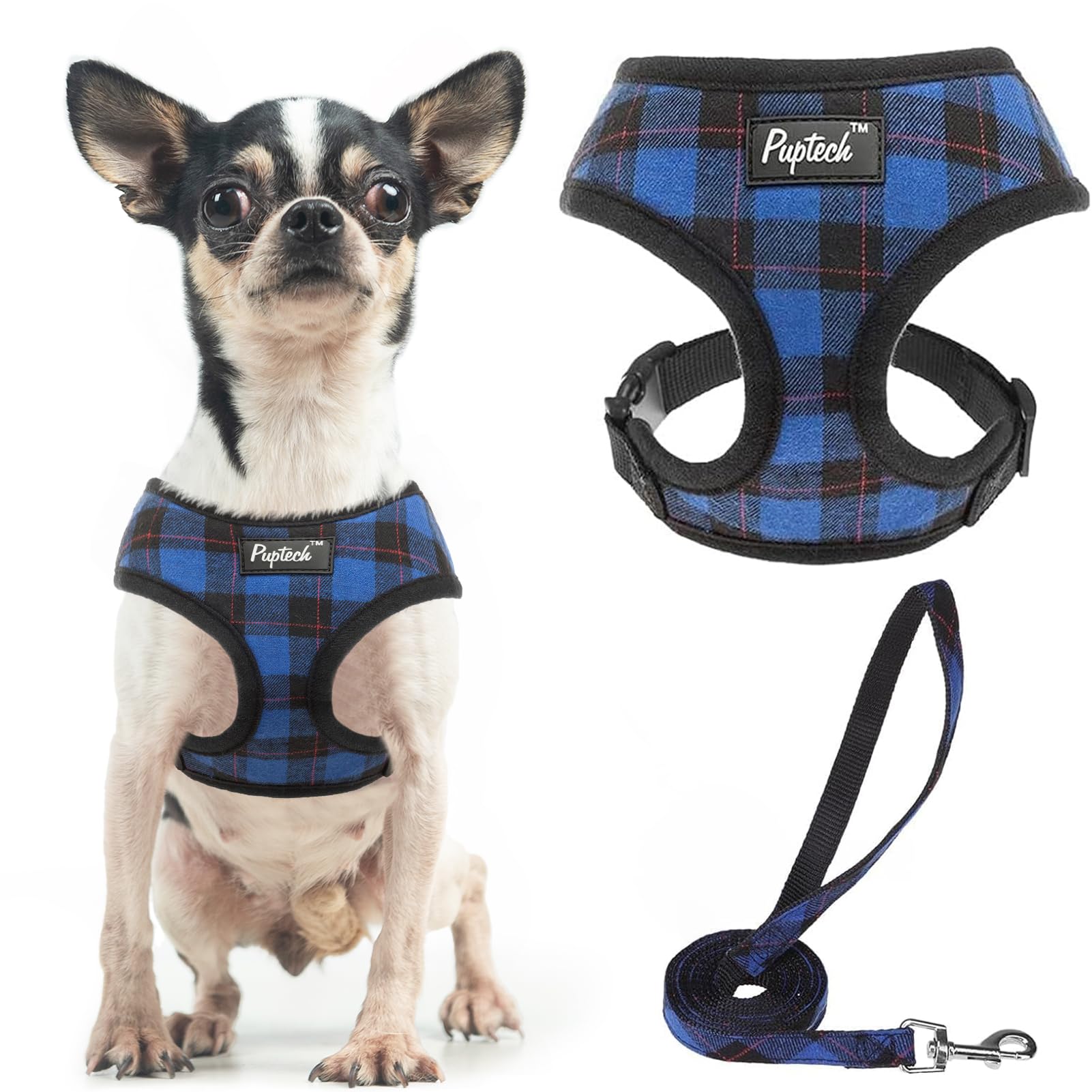 Pupteck Soft Mesh Dog Harness And Leash Set Pet Puppy Cat Comfort Padded Vest No Pull Harnesses, Navy Blue, Xs