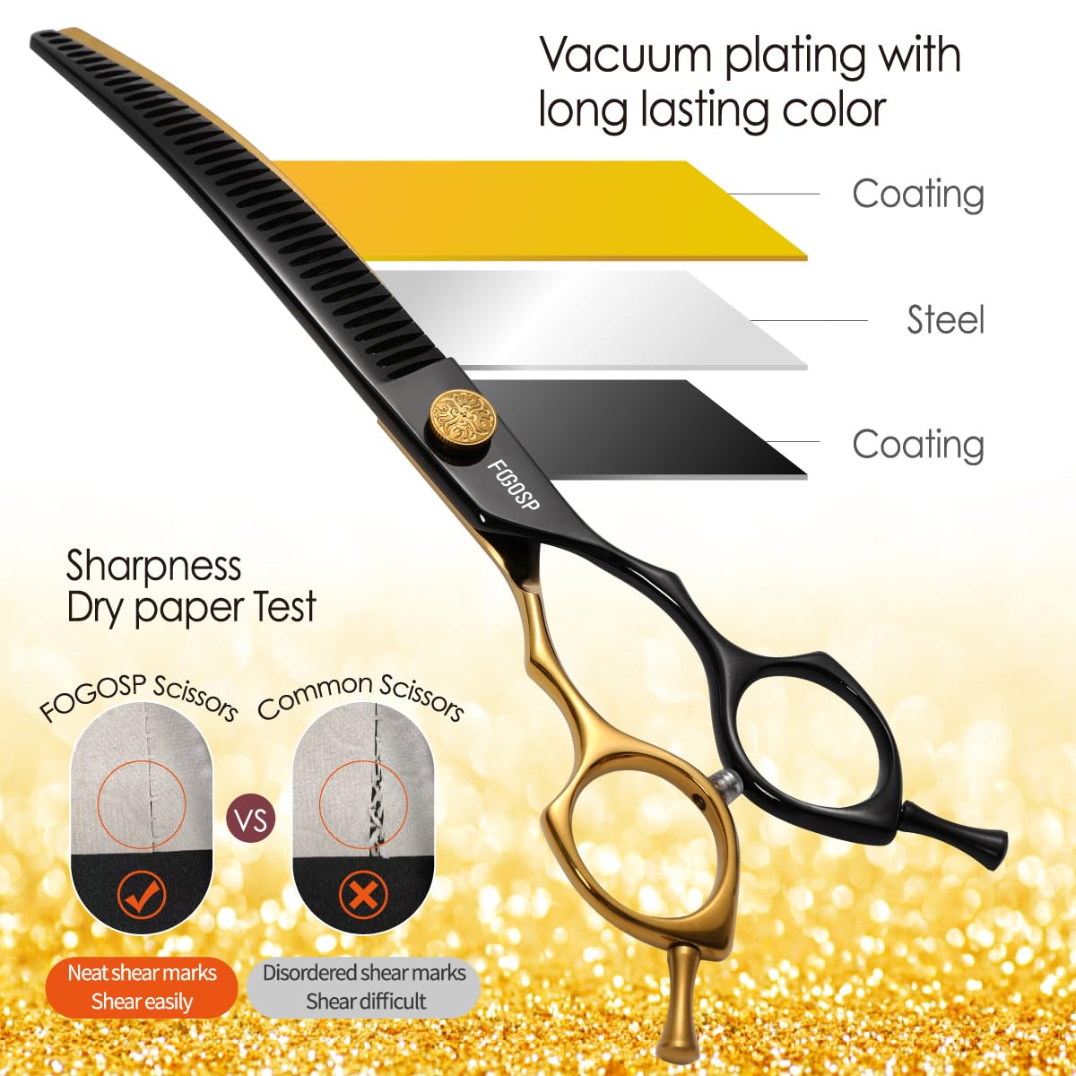 Fogosp Curved Chunkers Shears Dog Grooming 7.5 In Black & Gold Two Color Professional Curved Thinning Shears For Dog Grooming 35