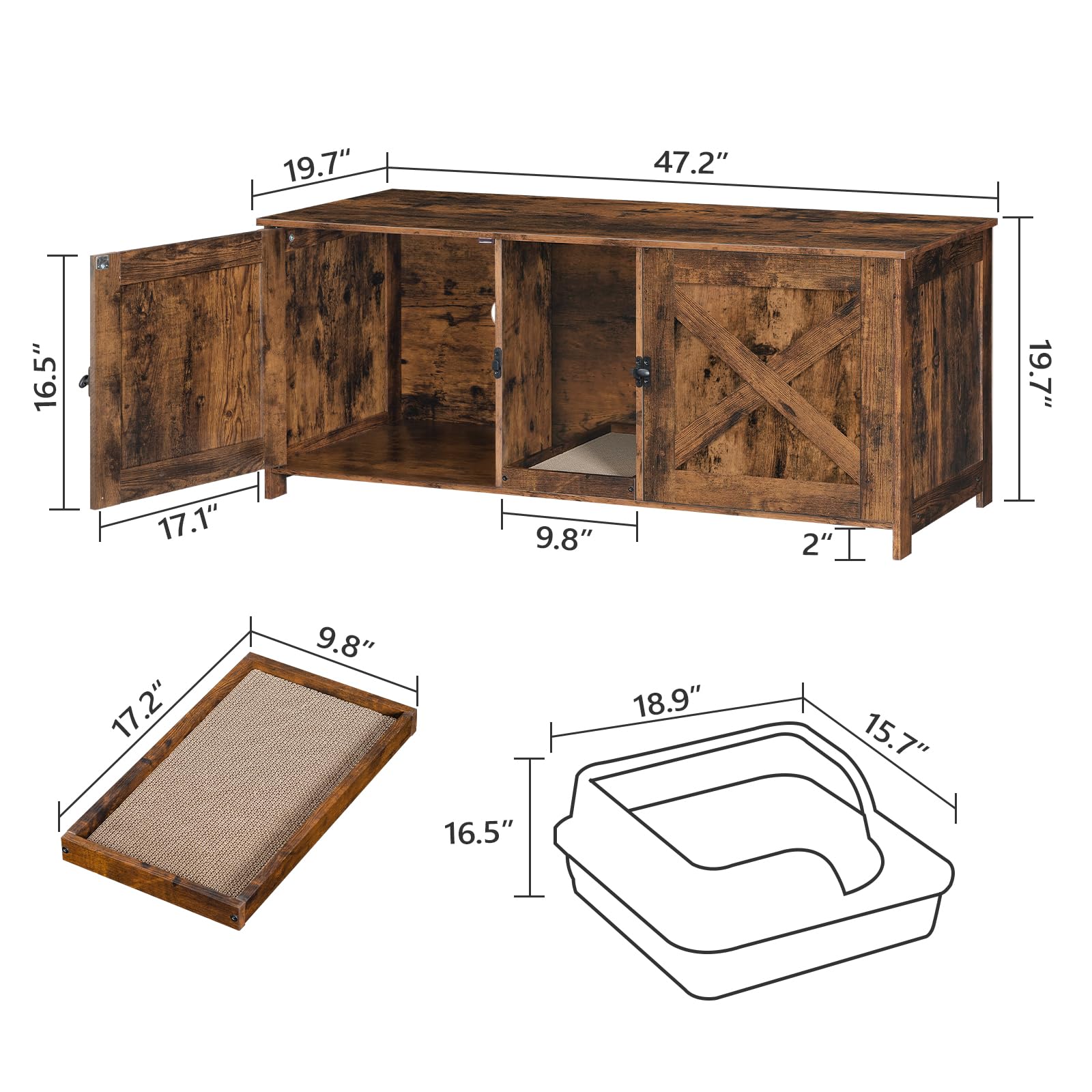 Mahancris Cat Litter Box Enclosure For 2 Cats, 47.2'' Hidden Cat Litter Box Furniture With Double Room, Wooden Cat Washroom With
