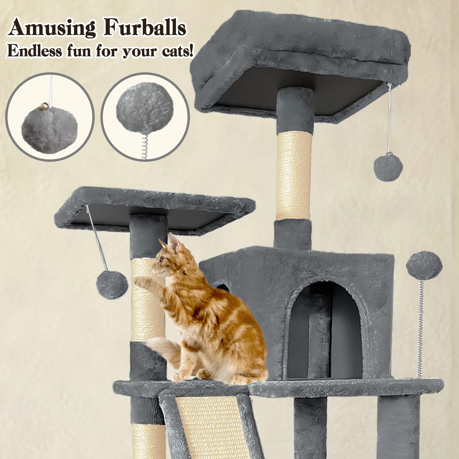 Pempet 70' Cat Tree Tower For Indoor Cats, Multi-Level Cat Tower Condo With Sisal Scratching Post (Dark Gray)