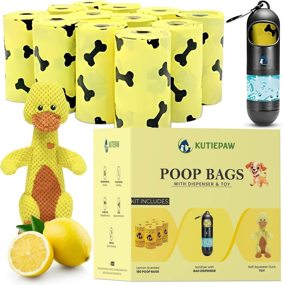 Kutiepaw Dog Poop Bag Kit - 180 Biodegradable Lemon Scented Poop Bags for Dogs, Duck Plush Toy & Dispenser with Sanitizer - Leak Proof Extra Thick Compostable Dog Waste Bags for Eco-Friendly Walks