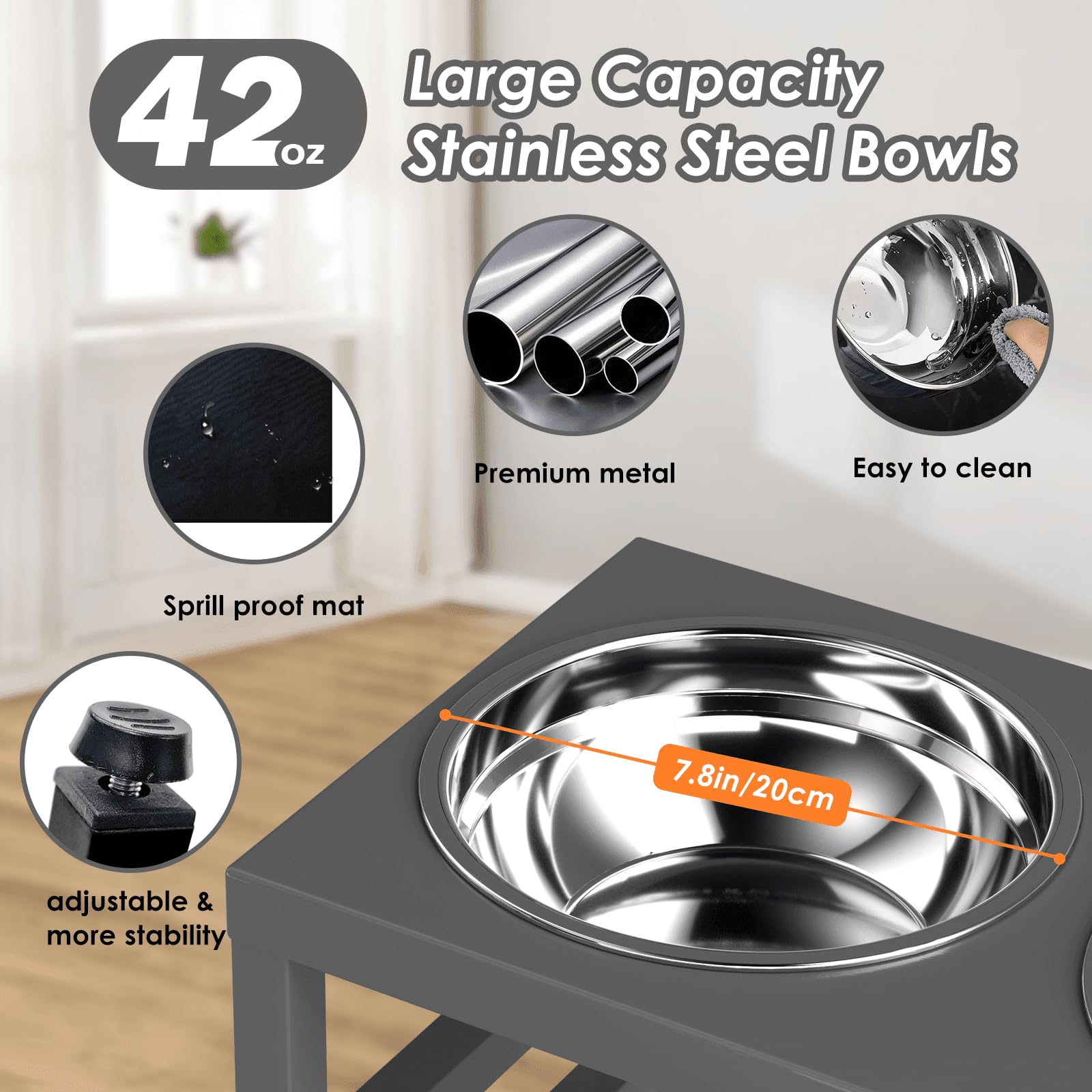 Adengl Metal Raised Dog Bowl For Large & Medium Bread, 10'' Tall Elevate Dog Feeder Stand With 2 Stainless Steel 42Oz Bowls & 16