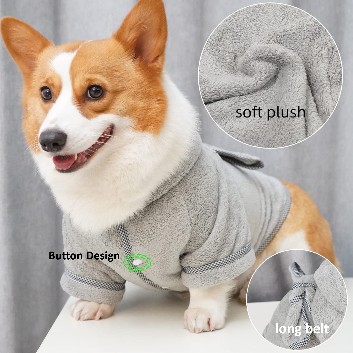 Dog Bathrobe, Microfiber Fast Drying Absorbent Hooded Bath Towel White For Puppy Small Medium Large Dog Cat (S, Gray)