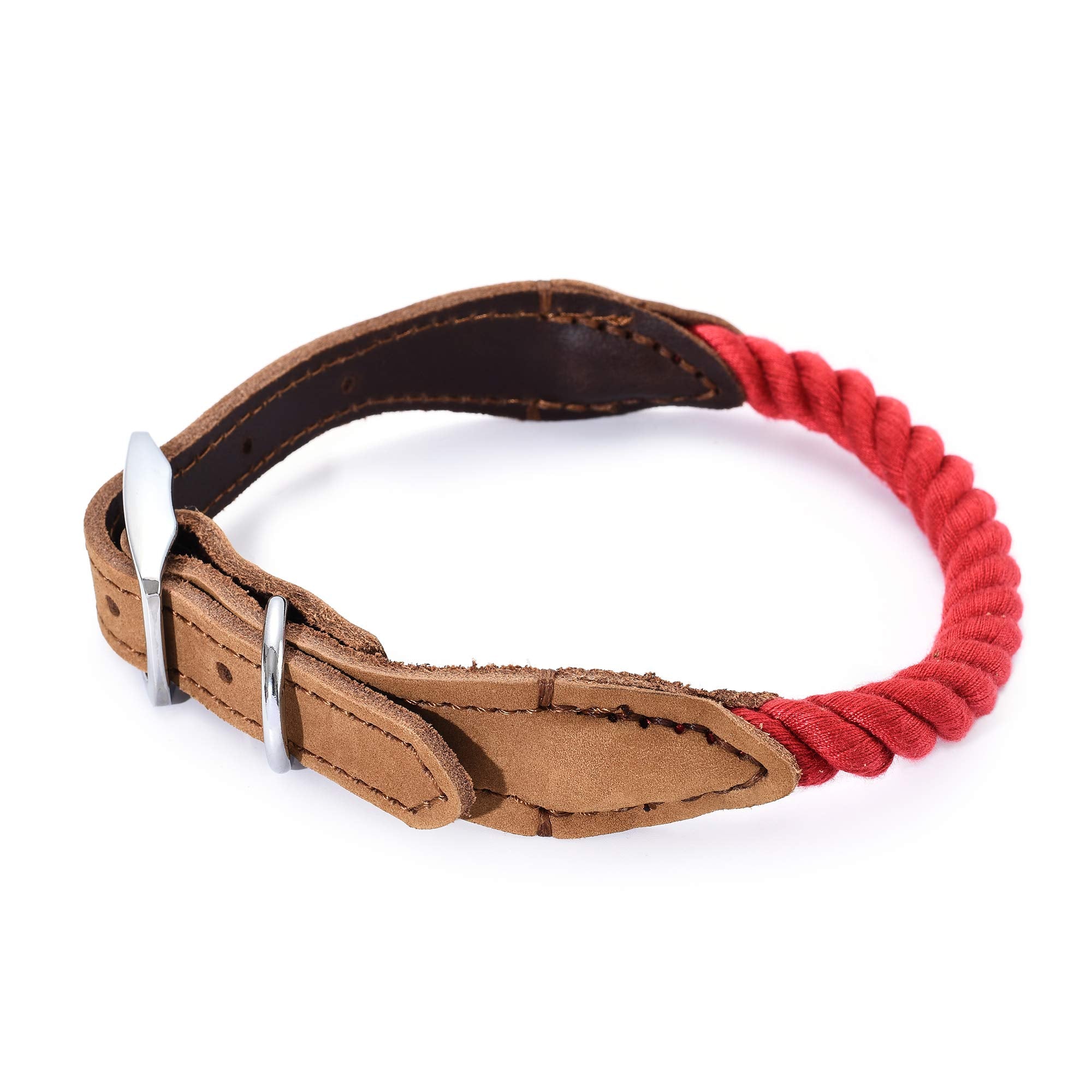 Mile High Life Rope & Leather Dog Collar | Durable Braided Cotton Rope & Genuine Leather W Metal Pin Buckle | Classic Puppy Coll