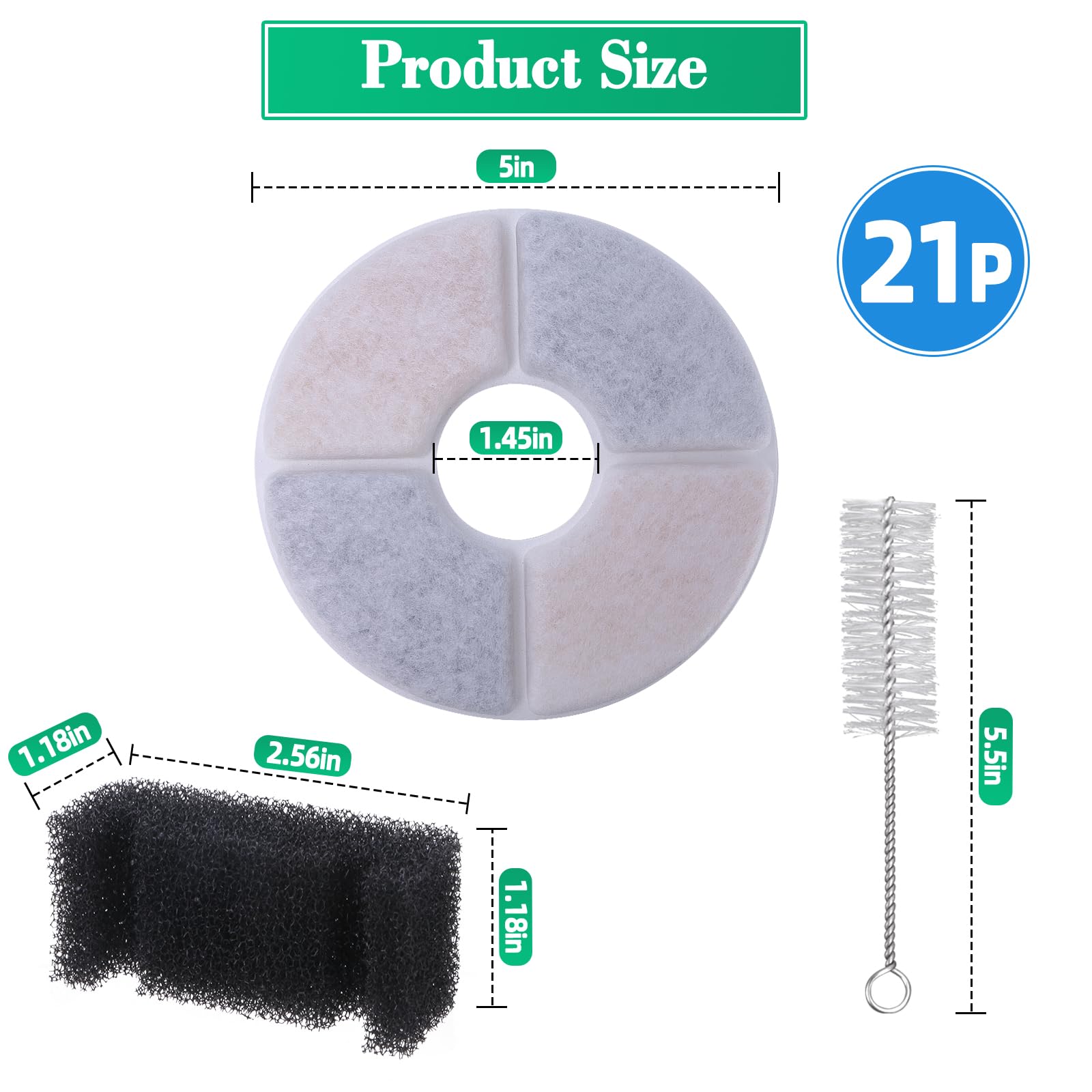 Guarm Fountain Cat Water Filter Replacement - 21-Pack (16 Activated Carbon & Ion Exchange Resin Filters + 4 Sponges + 1 Brush) -