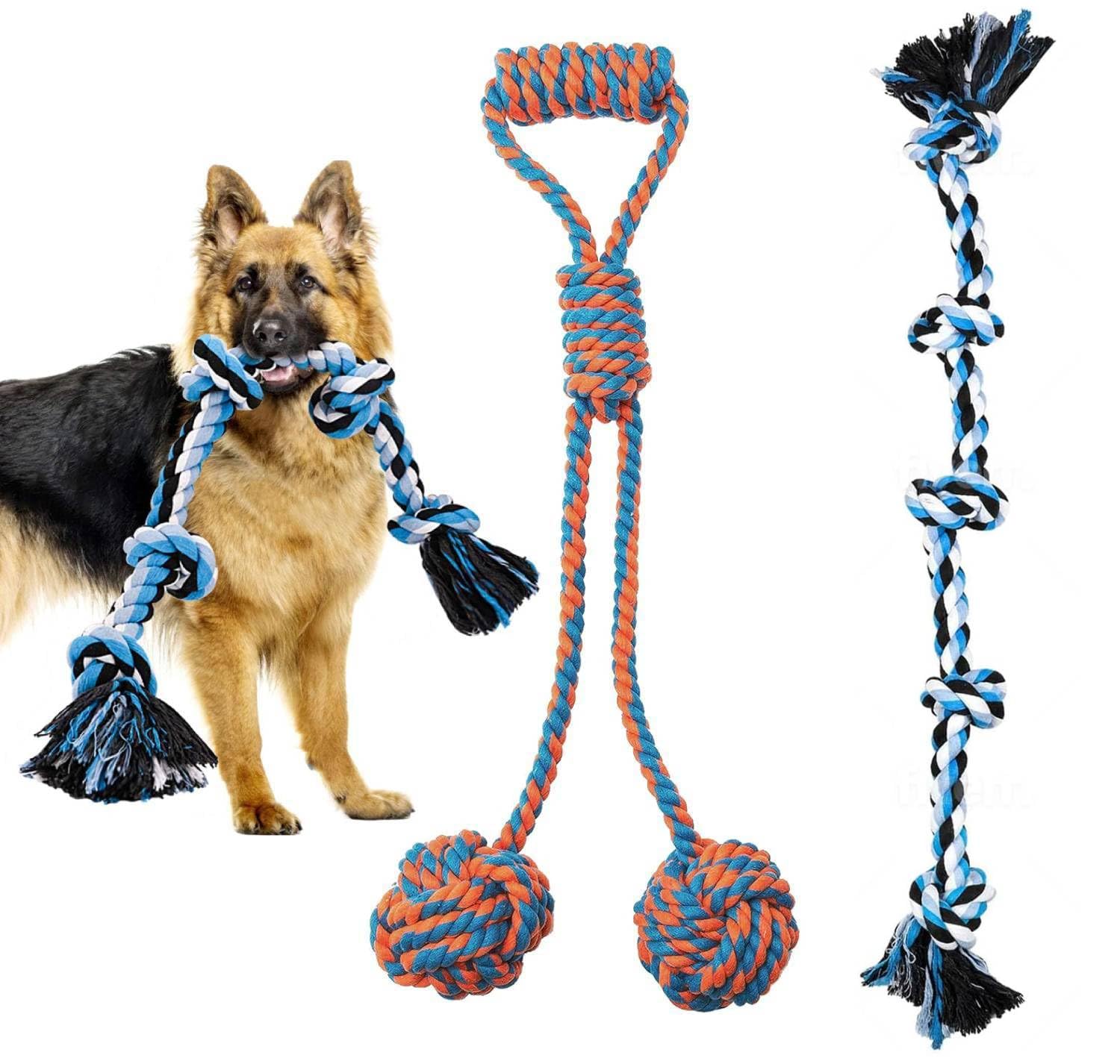 PETZLUV Dog Rope Toy 2 Pack Dog Chew Toy Set 5 Knot Heavy Duty Dog Toy for Aggressive Chewer Interactive Pet Toy 2 Ball with Han
