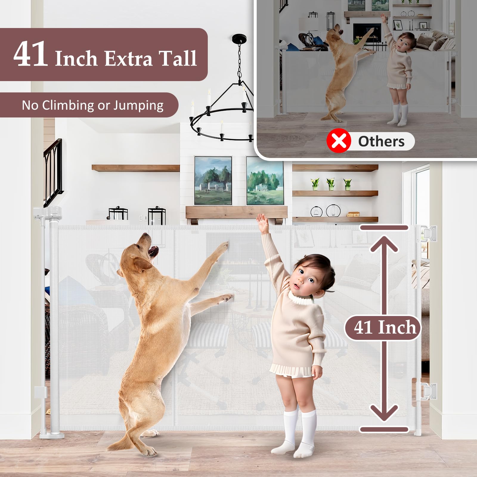 Reinforced Extra Tall Pet Gate 41 Inch, 55 Inch Wide Retractable Baby Gates with Support Rods Prevents Crawling Under, White