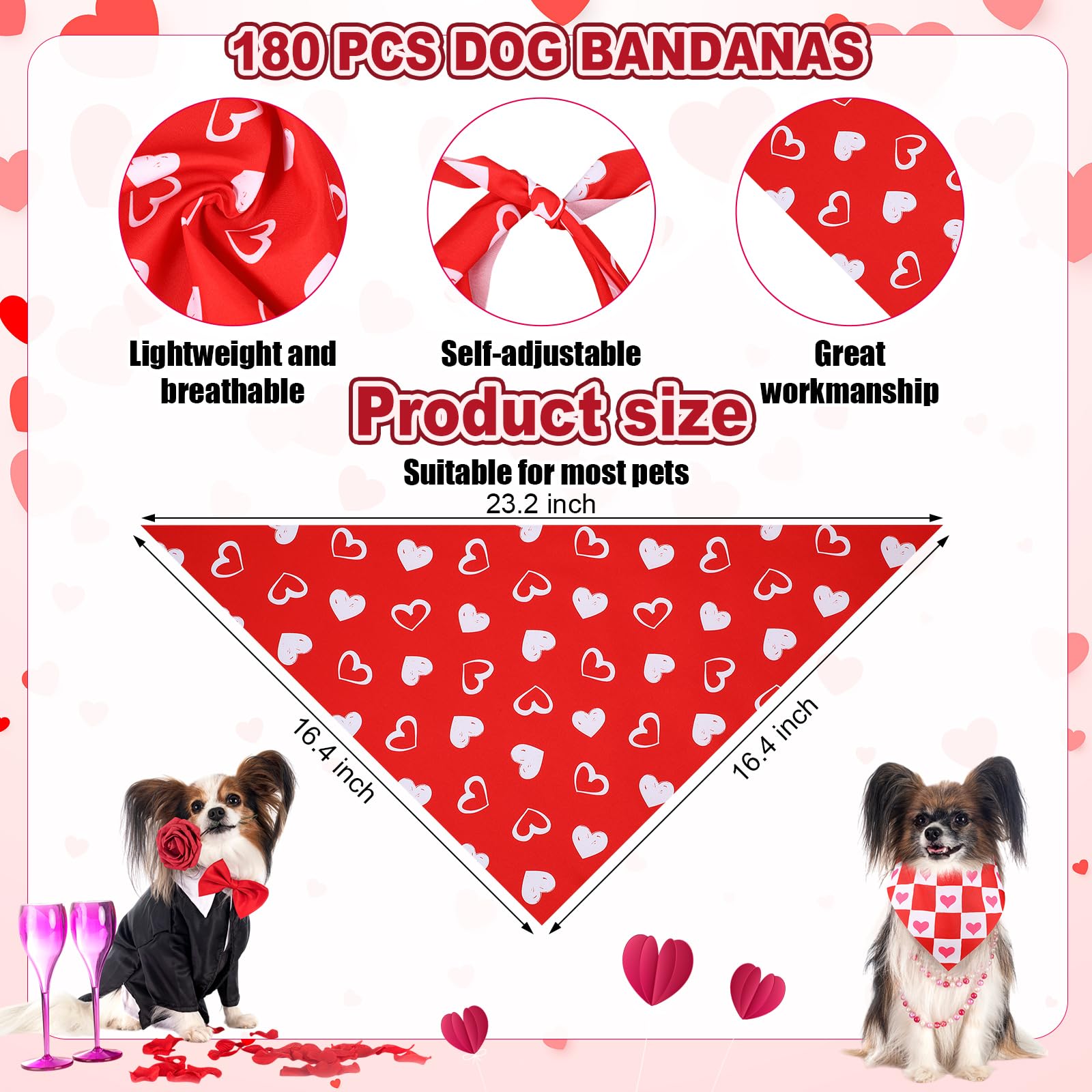 Aliceset 180 Pcs Valentine Dog Bandana Bulk Heart Bandanas For Dogs Adjustable Washable Pet Triangle Scarf Cute Red Pink Kerchie