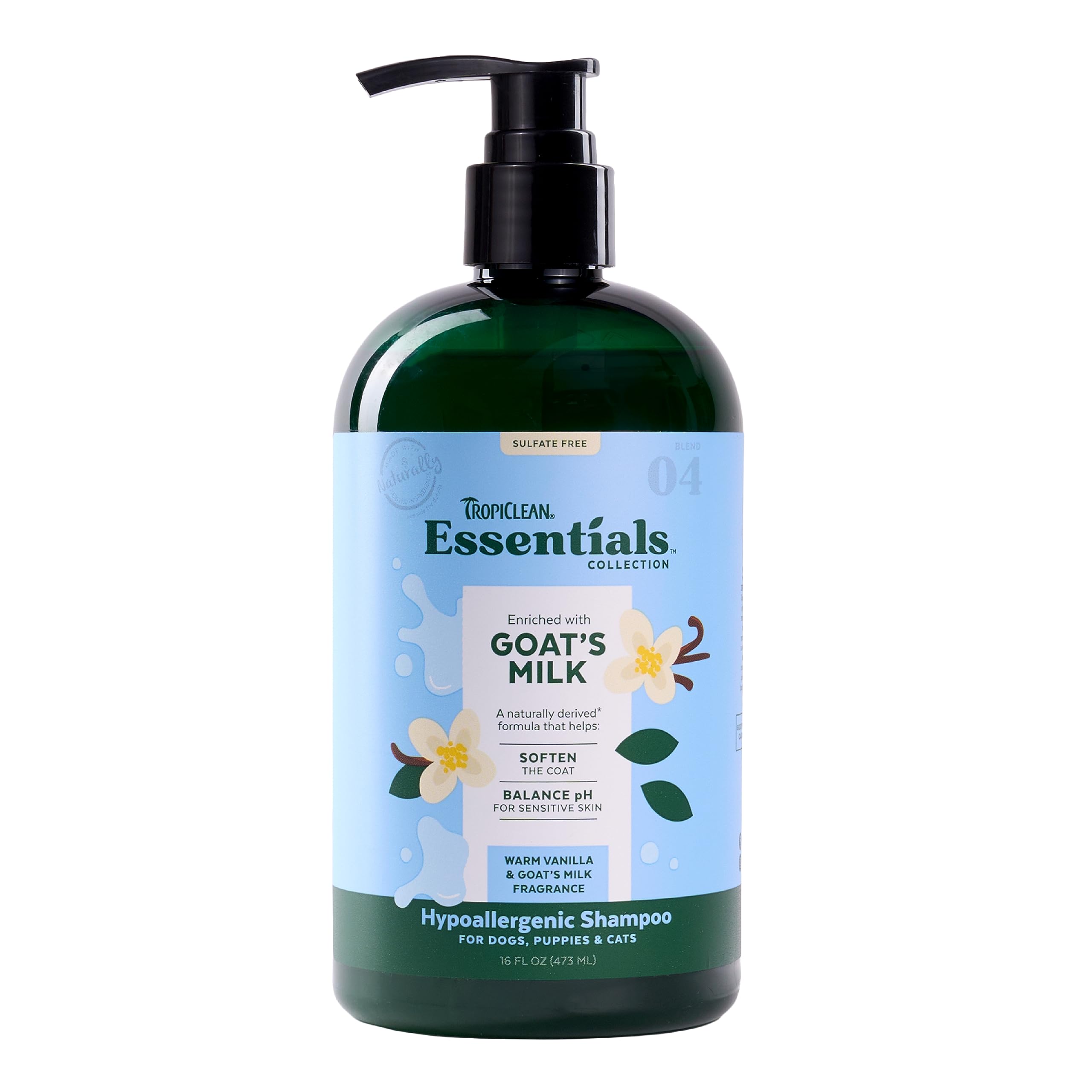 Tropiclean Essentials Goat'S Milk Hypoallergenic Shampoo For Dogs, Puppies, & Cats - Soften The Coat - Balanced Ph For Itchy & S