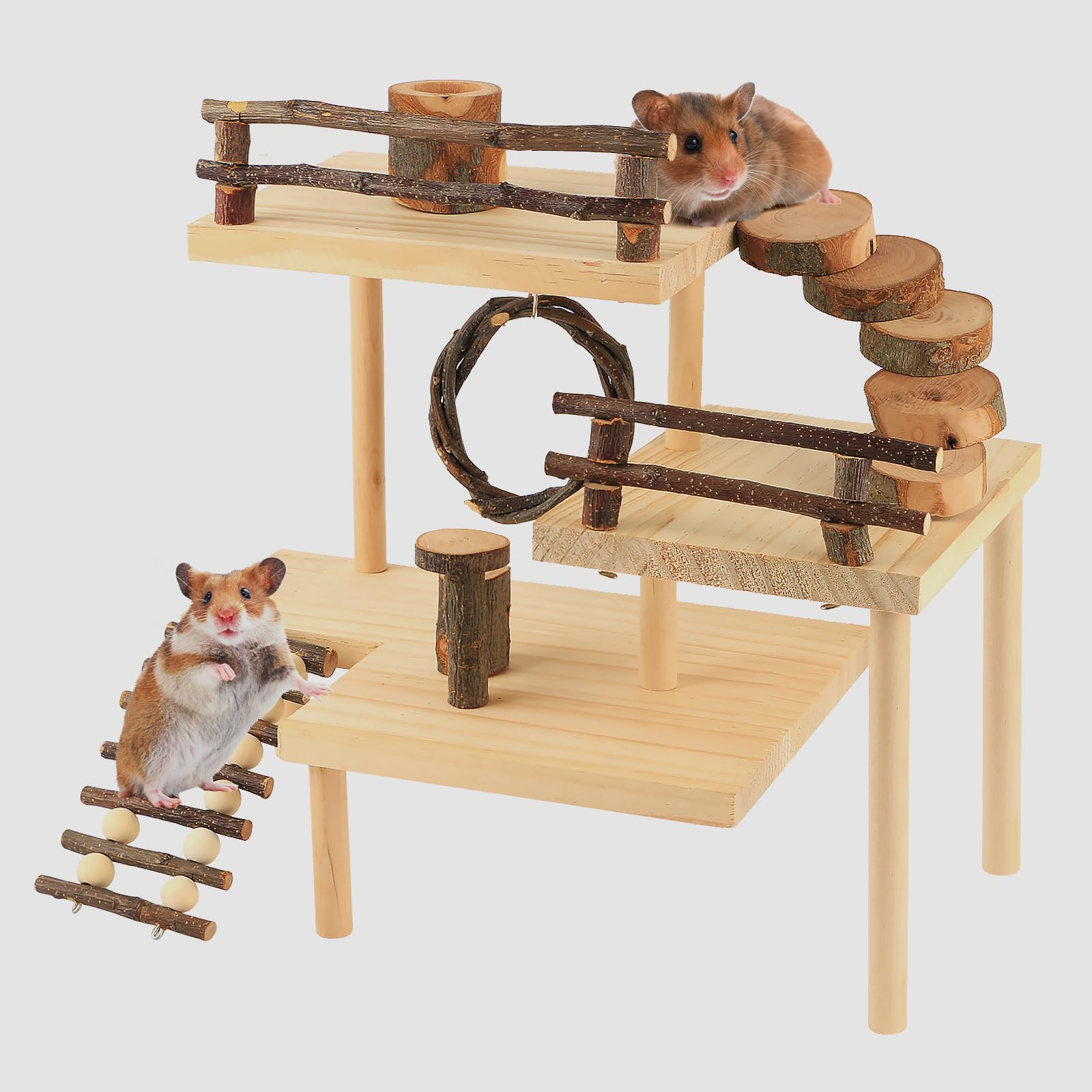 Hosukko Hamster Climbing Toys 3-Tier Extra Large Hamster Playground Natural Wooden Small Animal Platform Toys Hamster Exercise A