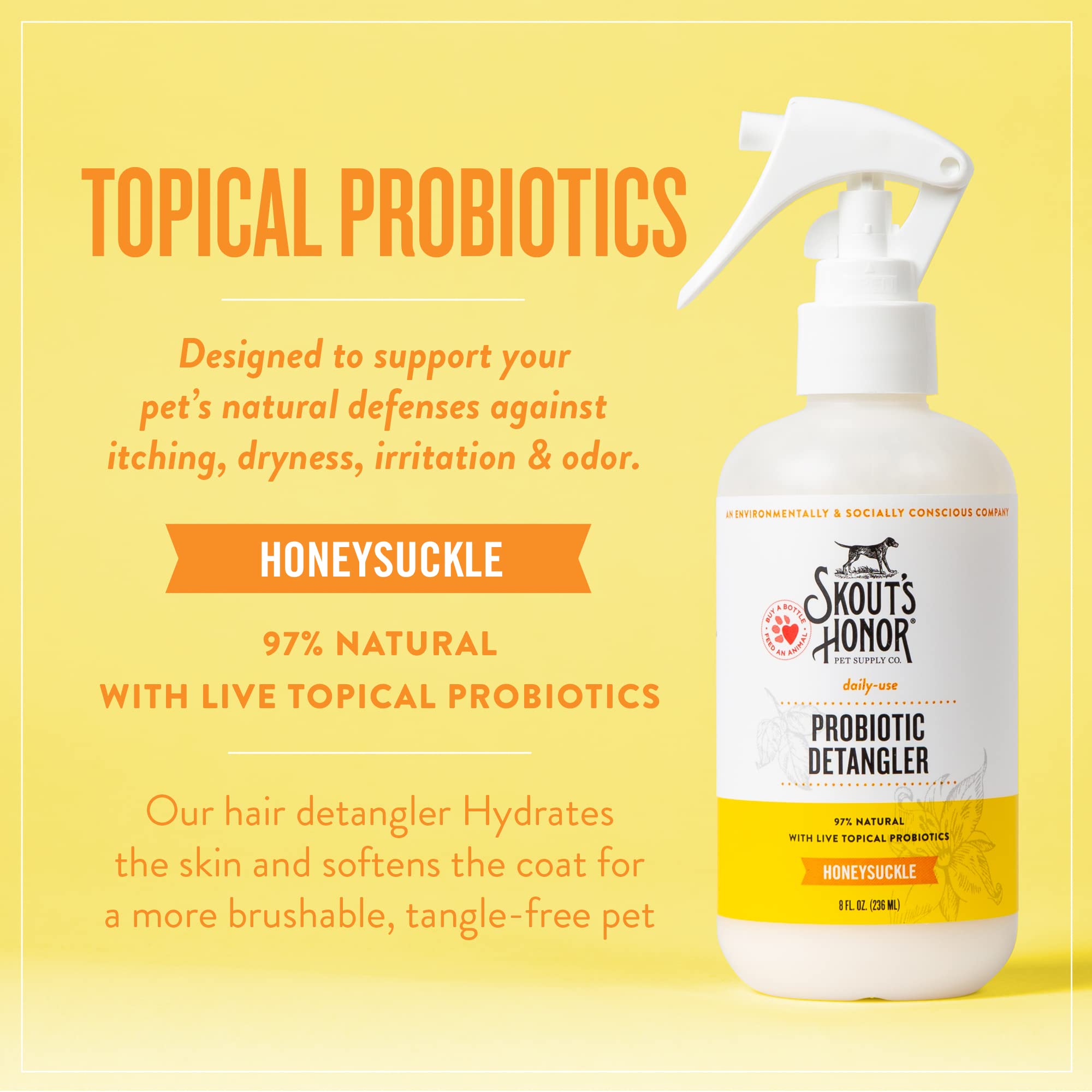 Skout's Honor Pet Detangler Spray - Hydrating with Avocado Oil & Probiotics, 8oz, Paraben & Sulfate-Free, Honeysuckle