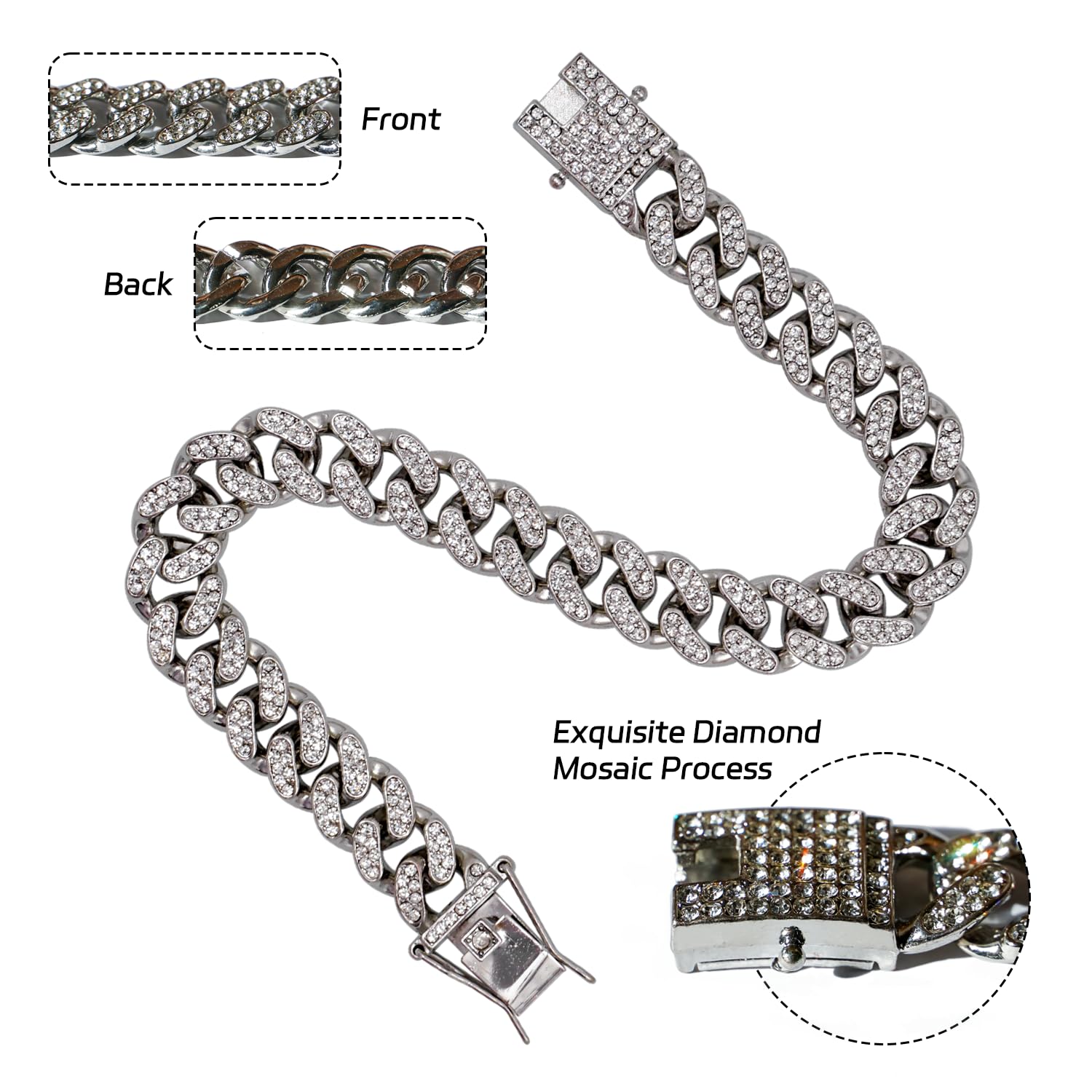 Dog Chain Diamond Collar Silver Walking Metal Chain 12 Mm Wide Necklace With Secure Buckle Pet Cuban Style Collar Jewelry Access