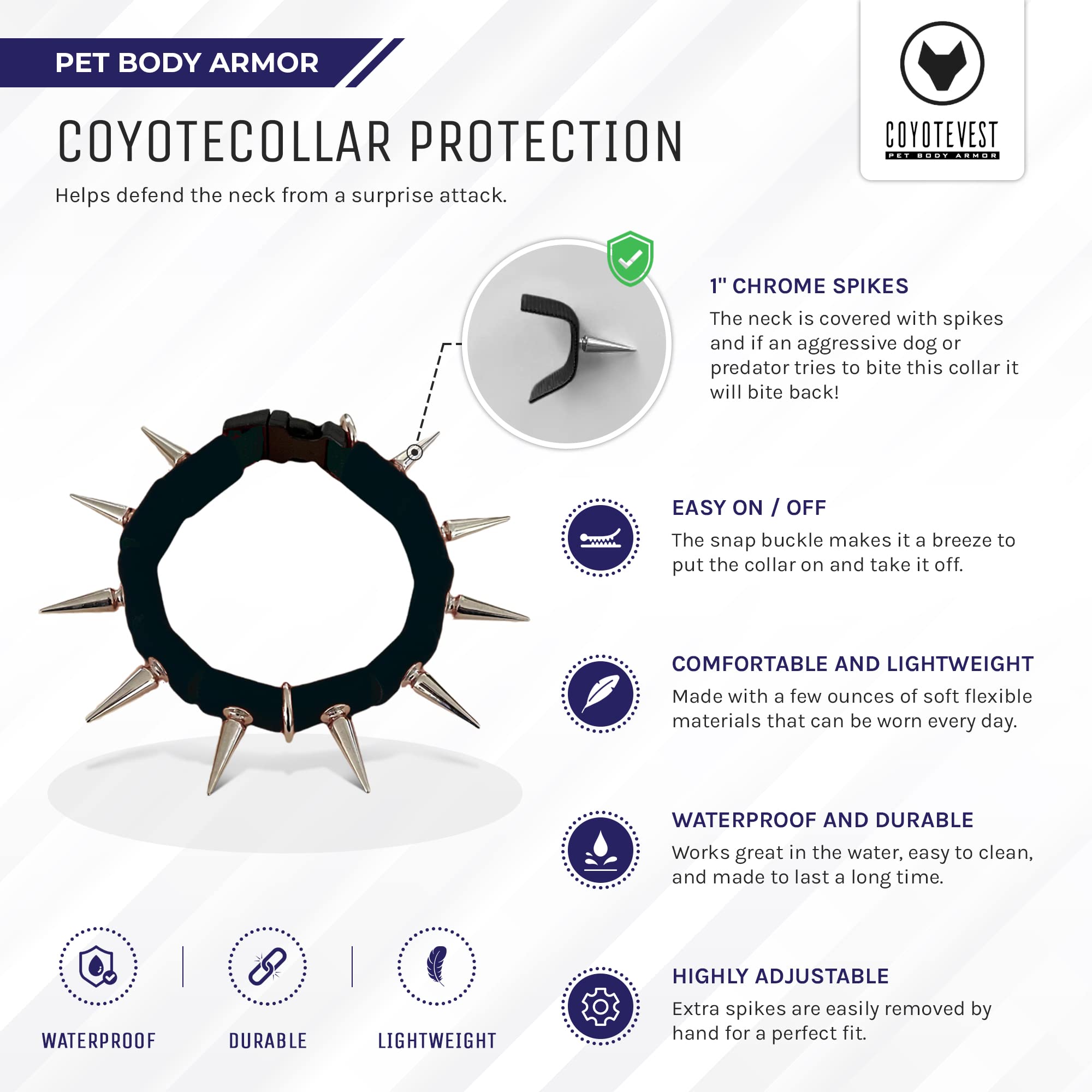 Coyotecollar Spiked Dog Collar - Small Black Spike Collar, Adjustable, Studded, Protection Against Coyotes And Aggressive Dogs