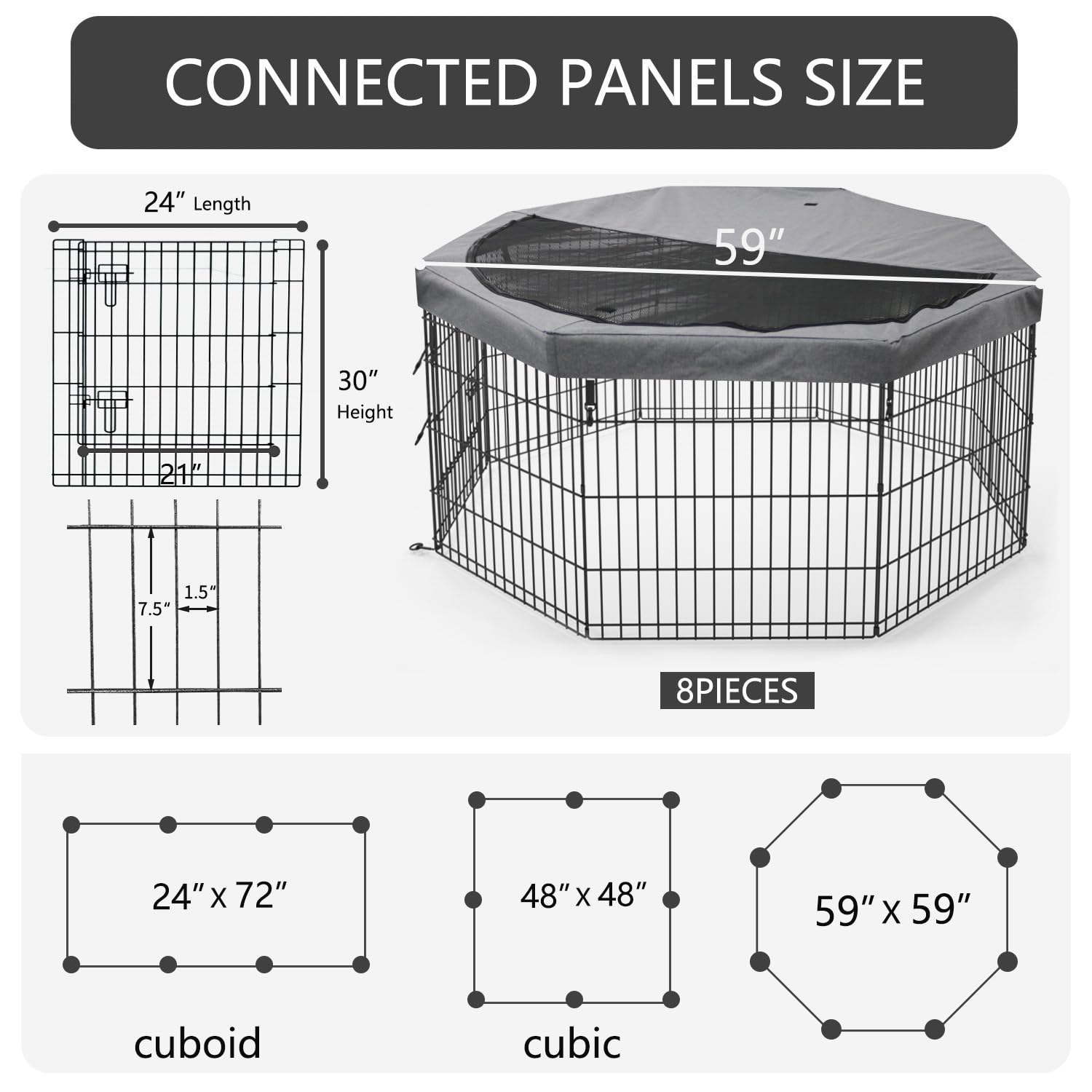 Petime Foldable Metal Dog Exercise Pen/Pet Puppy Playpen Kennels Yard Fence Indoor/Outdoor 8 Panel 24'' W X 30'' H With Top Cove