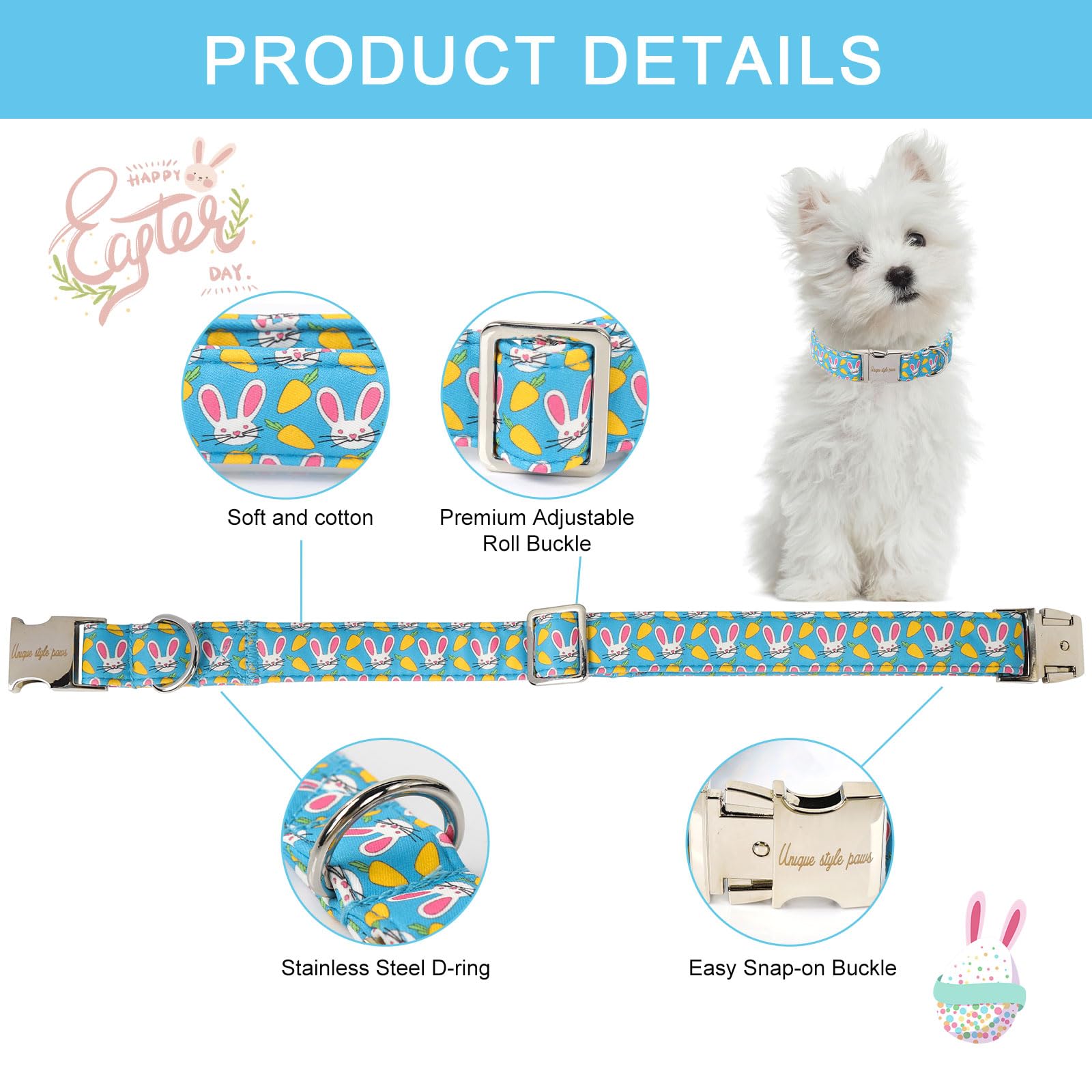 Unique Style Paws Dog Collar Metal Buckle Collar For Easter Gift Pink Ear Rabbit Carrot Durable Cotton Collar For Small Medium L