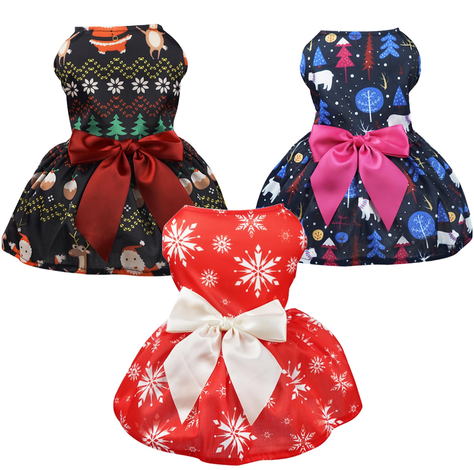 Otunrues Santa Dog Dresses Set Of 3 Lightweight Small Dogs Pets Christmas Snowflake Costume With Bowtie Holiday Party Outfit