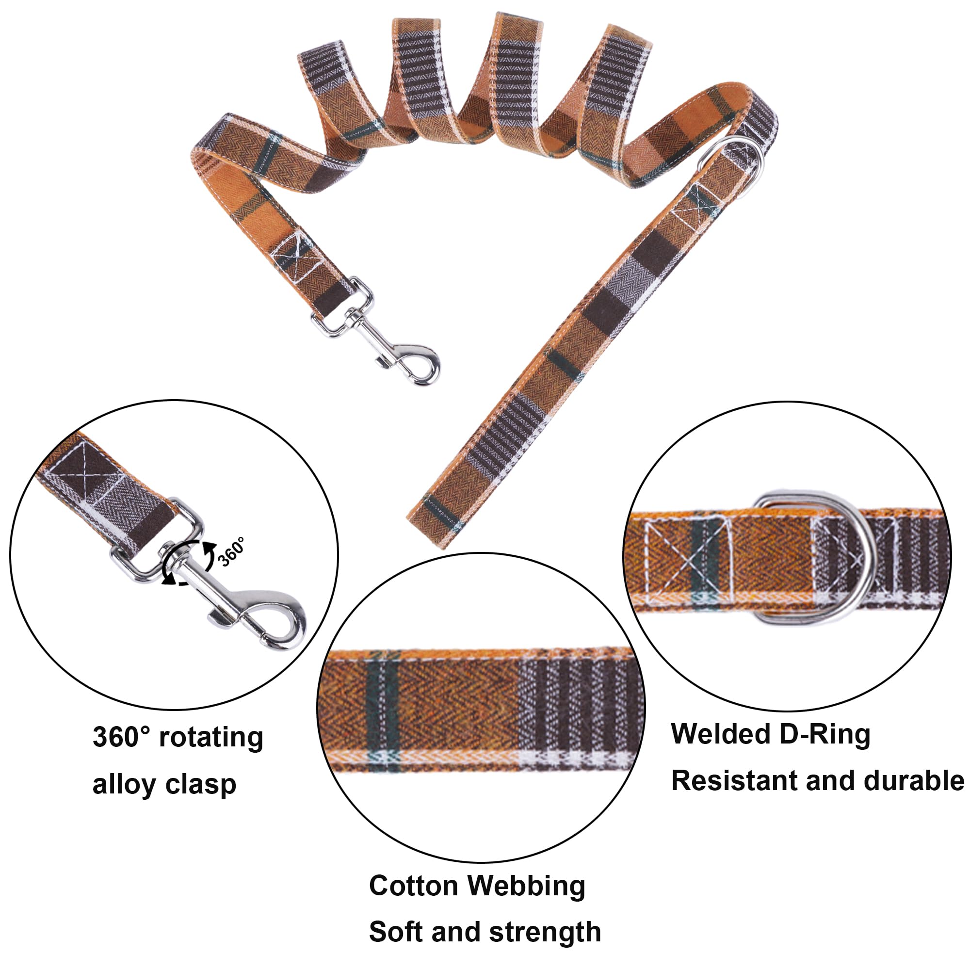 Adoggygo Fall Dog Collar With Leash, Halloween Thanksgiving Dog Bowtie Collar, Adjustable Orange Plaid Dog Fall Collar Leash For Small Medium Large Dogs Pets (Large)