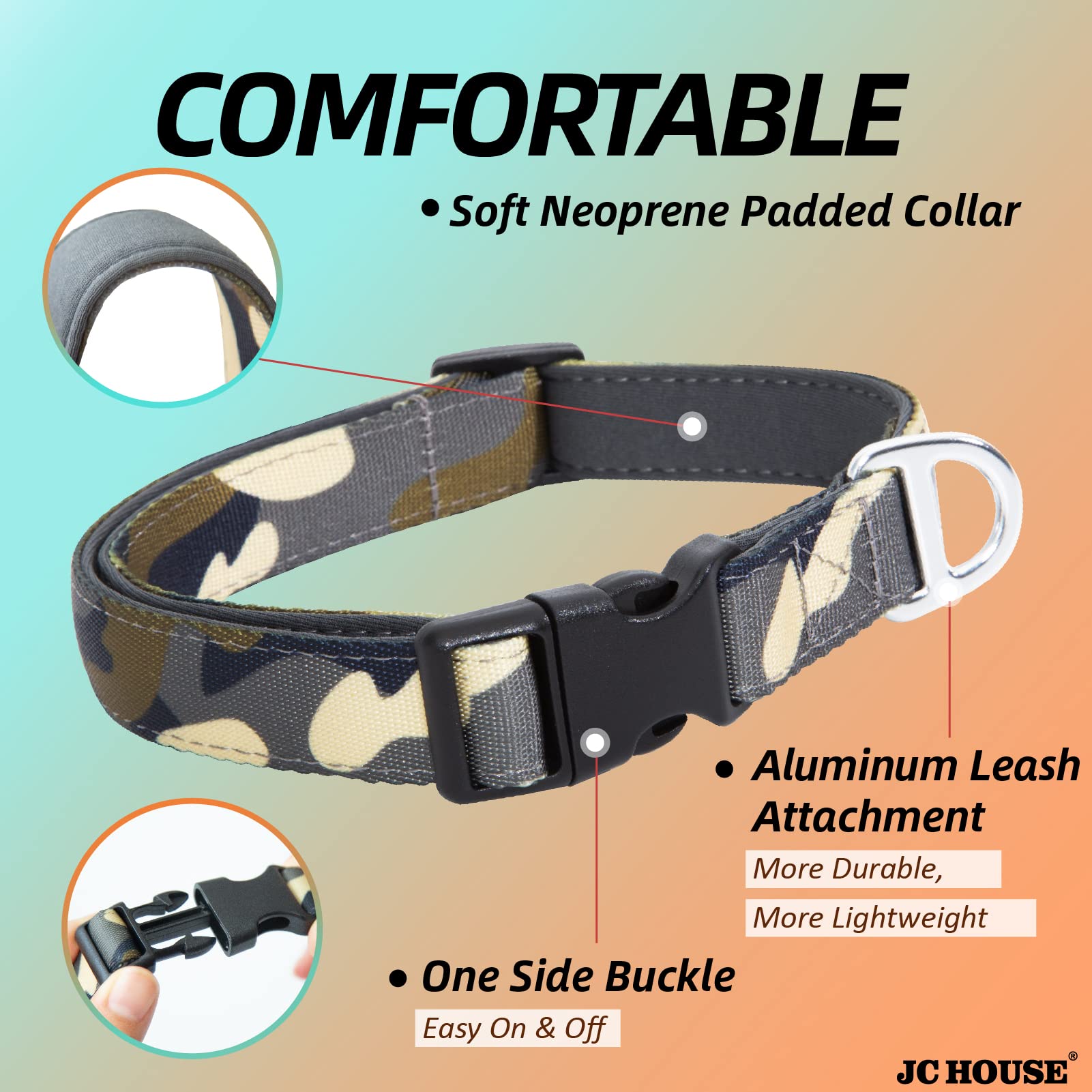 Jc House Soft Padded Dog Collar, Neck 16-25Adjustable Heavy Duty Collar With 3M Reflective Logo For Medium, Large Dogs, Camo Gre