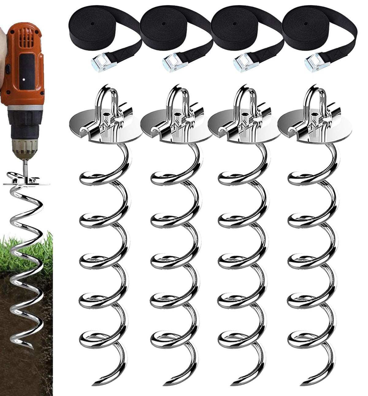 Eurmax 4-Pc Pack Spiral Stakes Heavy Duty Anchor Kit For Trampoline, Tents, Tarps, Canopies,Car Ports,Dog Tie Out And Etc Bonus 