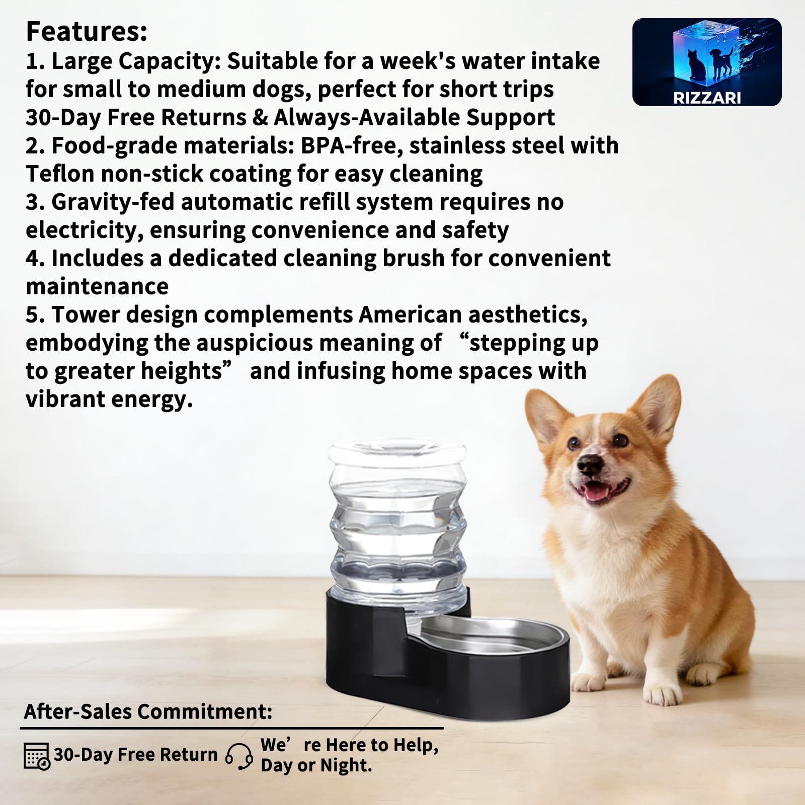 RIZZARI Dog Water Bowl Dispenser: 5L Gravity Black Automatic Stainless Steel Drinking Feeder with Filter for Dogs and Cats