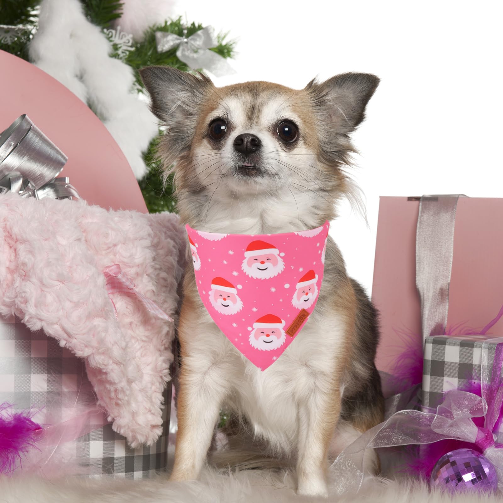 Ptdecor Christmas Dog Bandana,Xmas Pink Scarf Santa Deer Reversible Holiday Dog Scarf, Female Christmas Bandanas For Small Dogs
