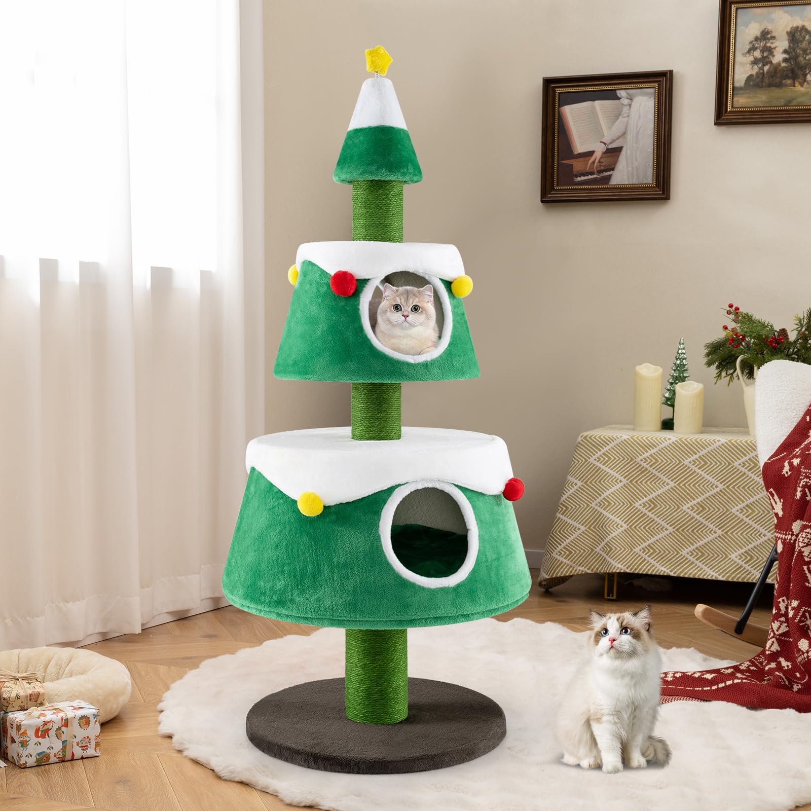 Petsite 60 Inch Christmas Cat Tree, Cute Cat Tower With 2 Condos, Sisal Scratching Posts, Spring Toy, Removable Beds, Modern Hol