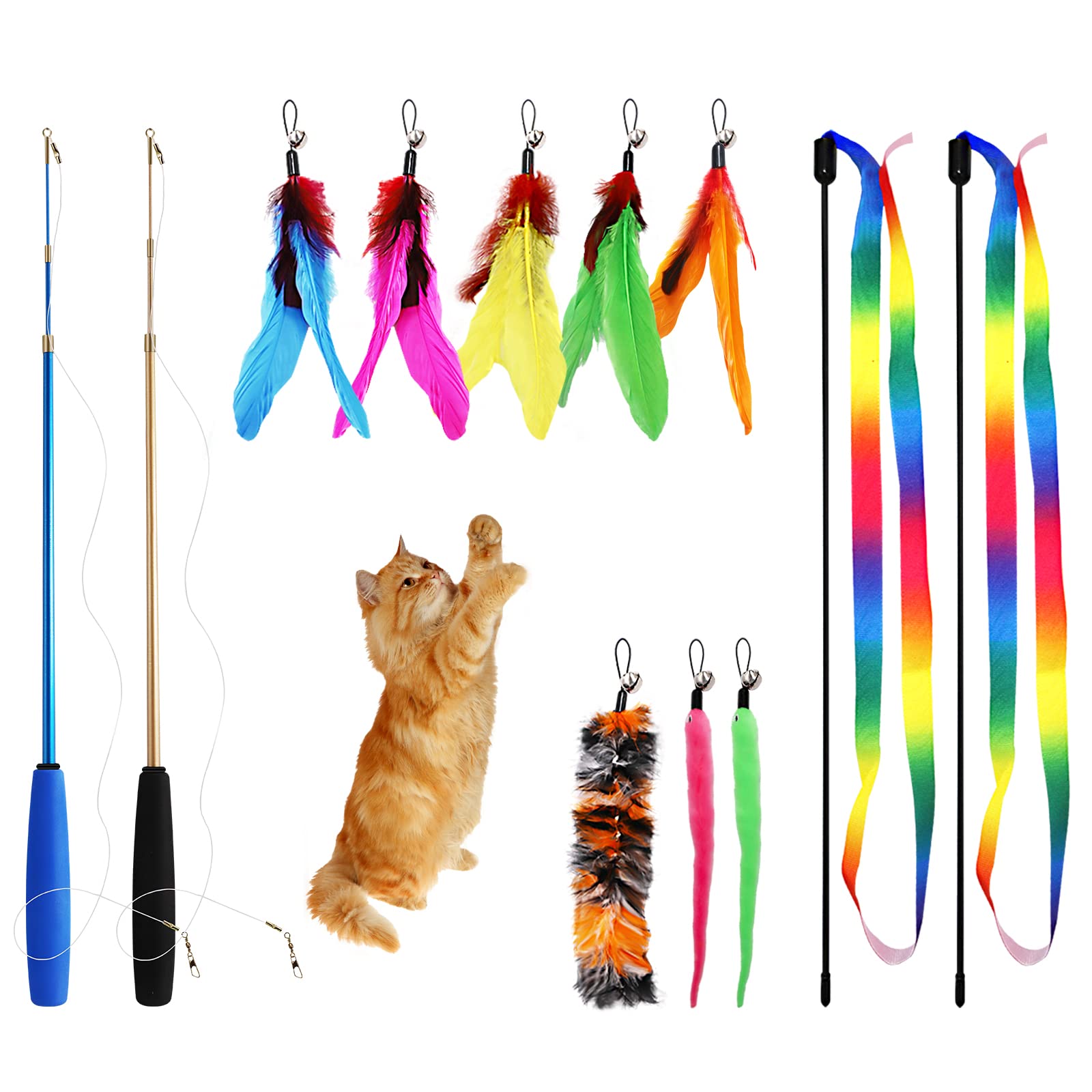12Pcs Interactive Kitten Toys, Retractable Indoor Cat Wand Toys With Replacement Teaser, Rainbow Ribbon And Make Exercise By Sun