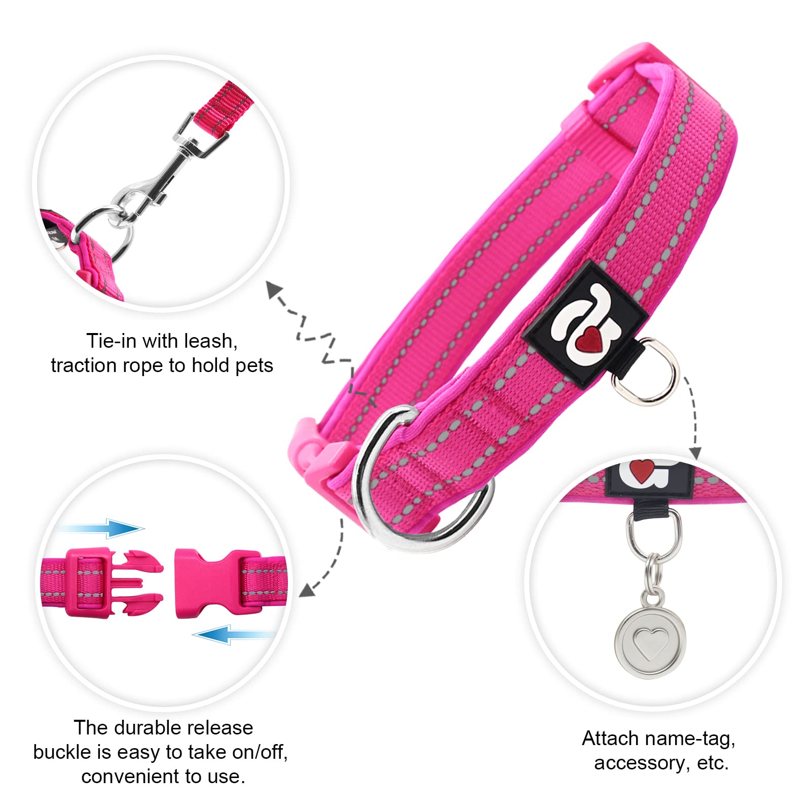 Azuza Reflective Dog Collar,Soft Neoprene Padded Pet Collar With Id Tag Ring,Adjustable For Large Dogs,Hot Pink,L