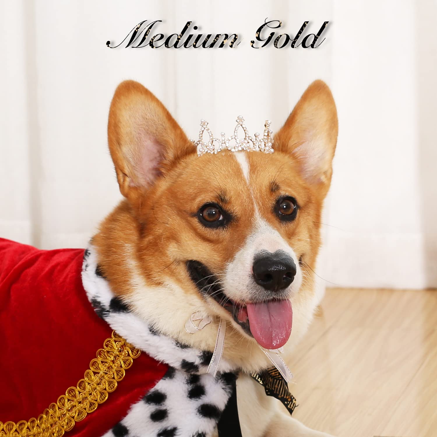 Lovelyshop Gold Plated Dog/Cat Crown with Rhinestones & Pearls, Medium Size, Metal, Model LS/PET-2022-M-G