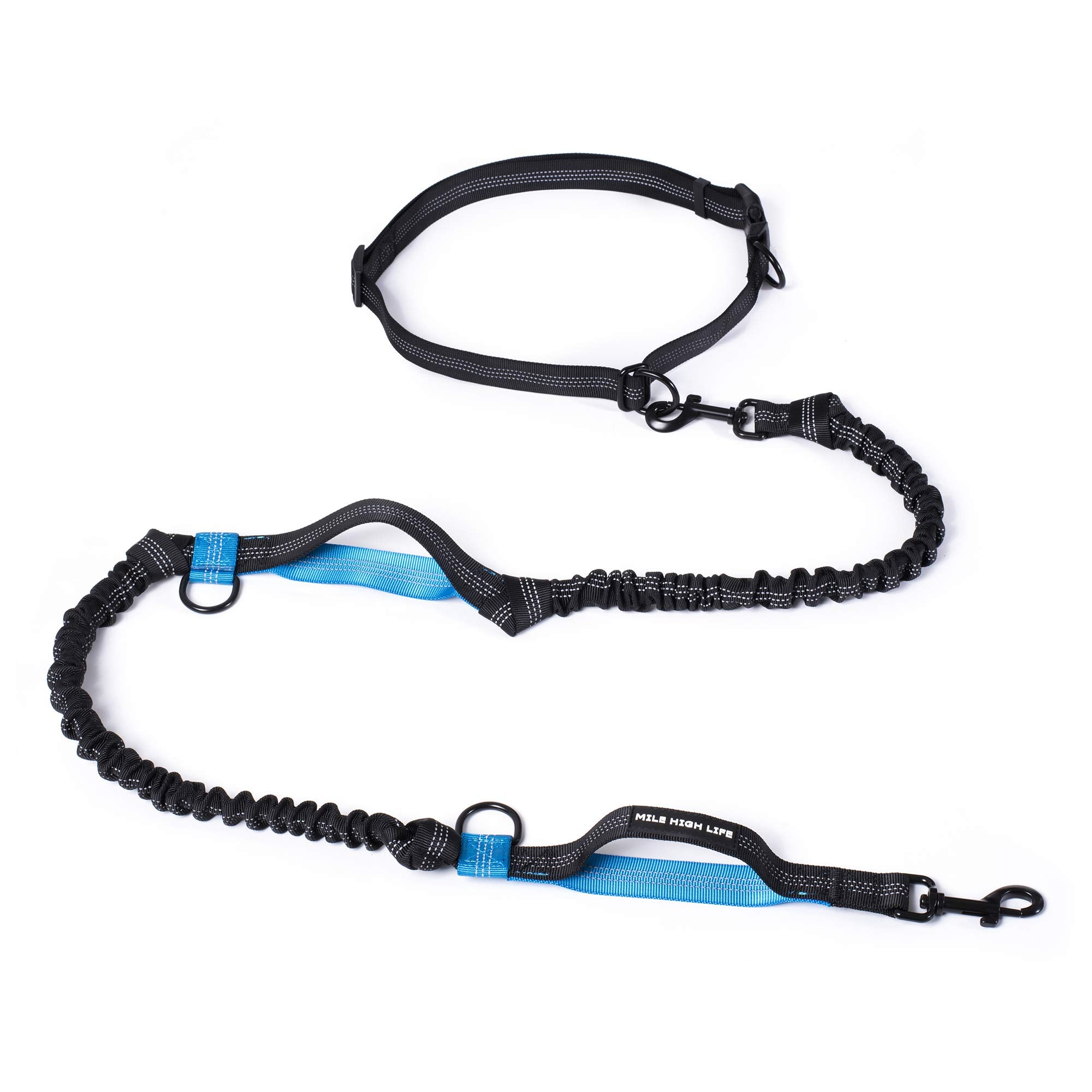 Mile High Life | Retractable Hands Free Dog 7Ft Leash | Waist Running Adjustable | Reflective Dual Black Bungees | Dual Handles | Small Medium Large Dogs | (Blue)