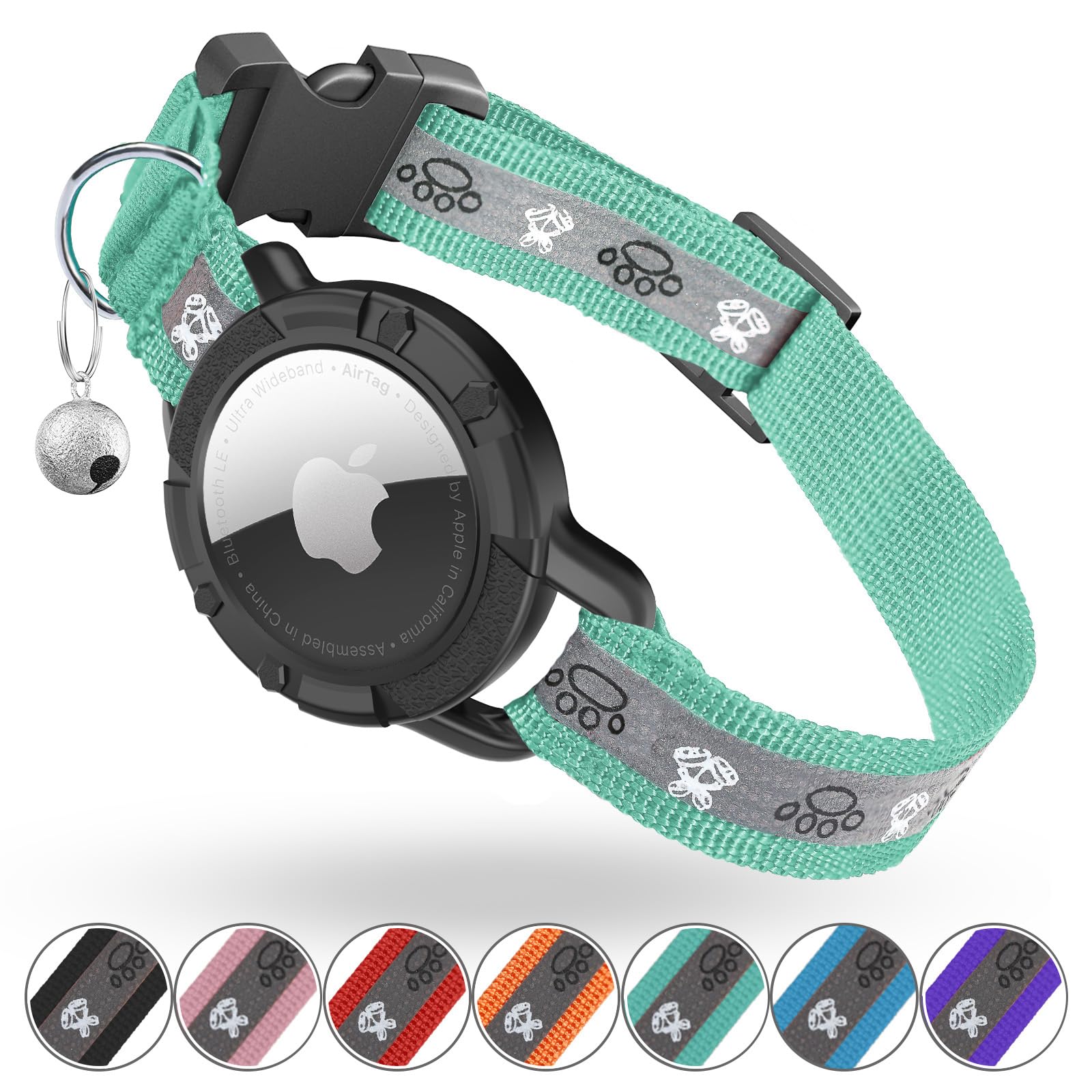 Reflective Airtag Cat Collar, Integrated Cat Tracker Collar With Air Tag Holder And Bell, Safety Elastic Band Cat Gps Collars For Girl Boy Cats, Kittens And Puppies (Green, Xs)