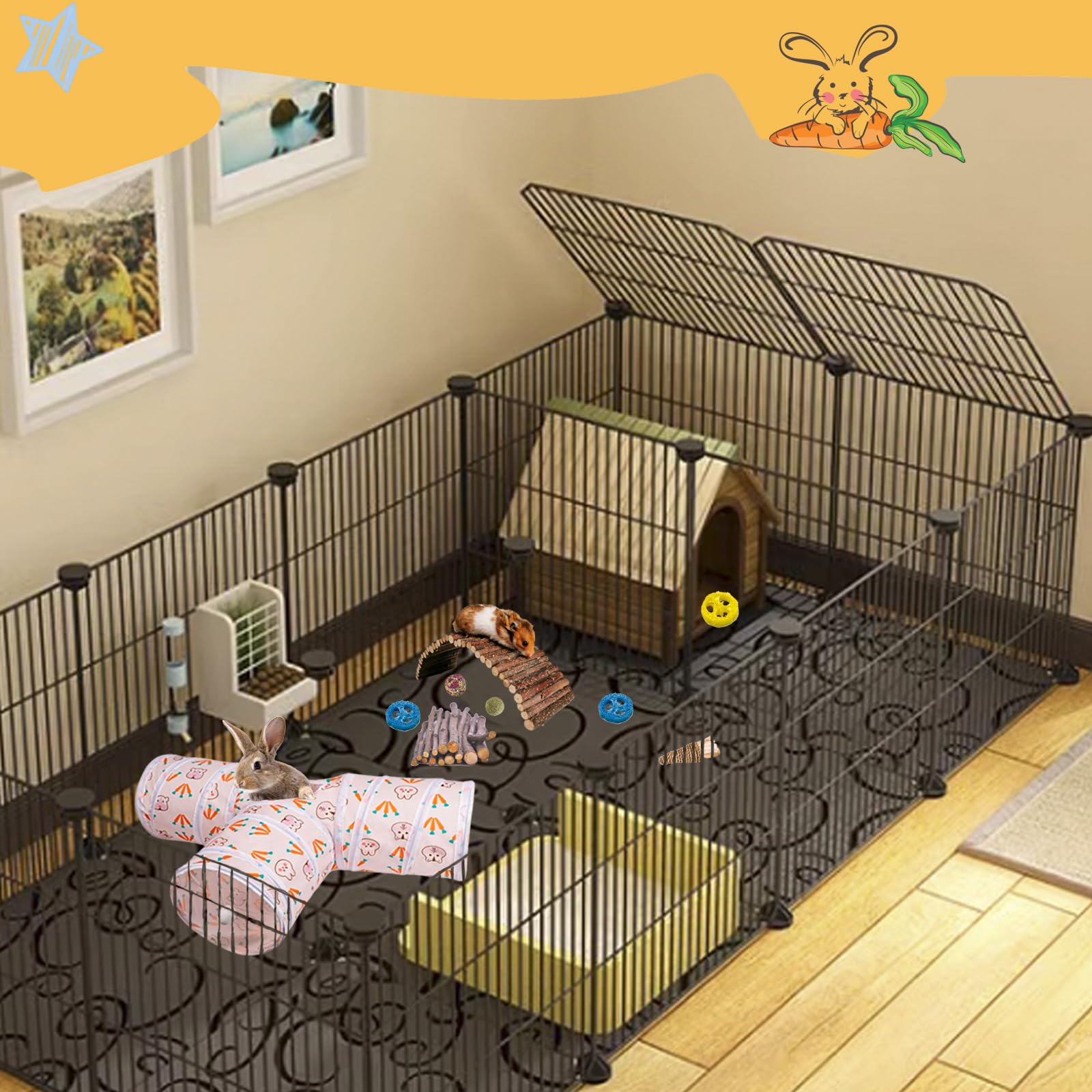 Mechpia Rabbit Toys, Bunny Tunnel & Tubes with Chew Toys for Grinding Teeth Apple Sticks Bamboo Carrot Loofah and Grass Ball for