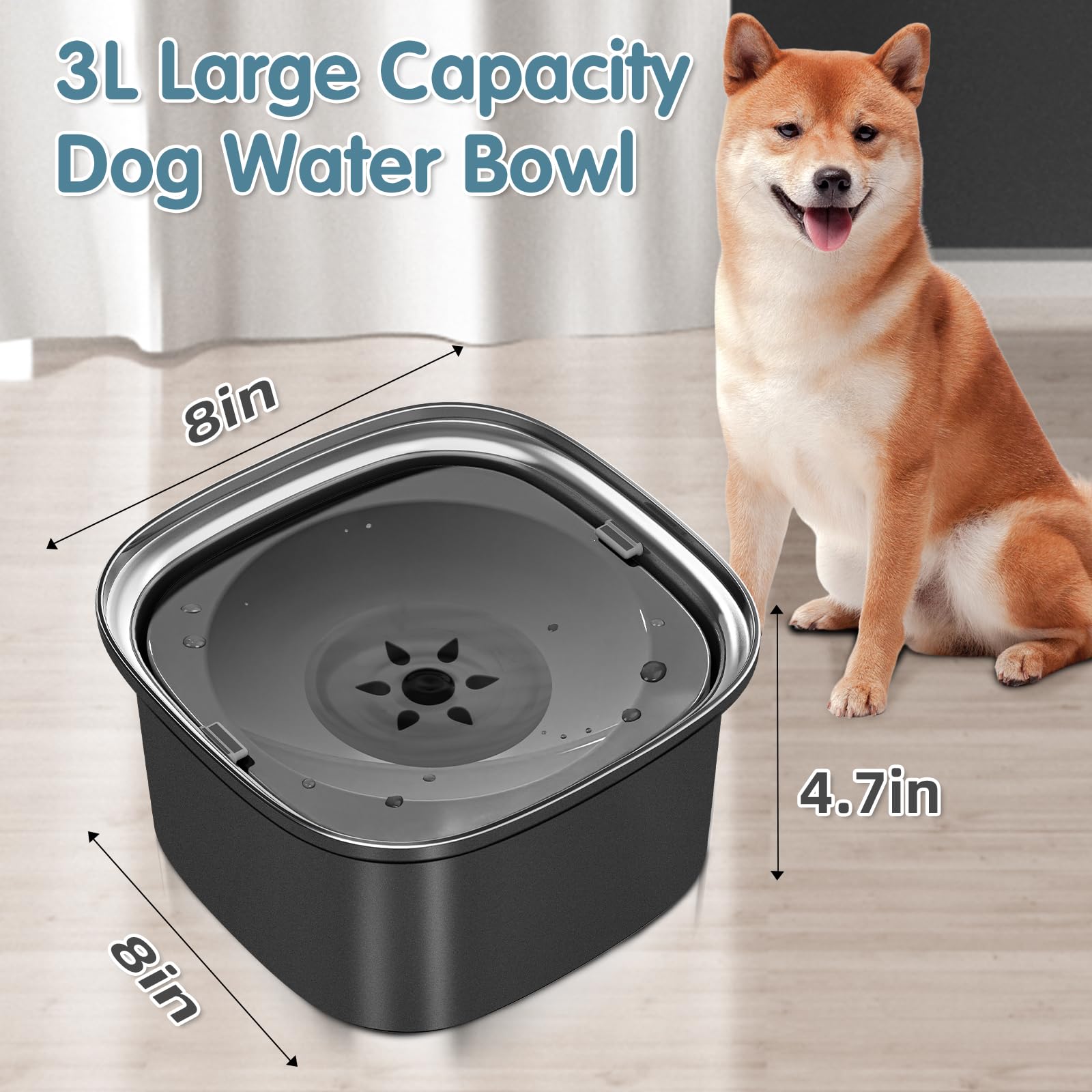 Upsky 3L Stainless Steel Dog Bowl - 101Oz Capacity, No Spill, Slow Water Feeder, Spill Proof Travel Bowl