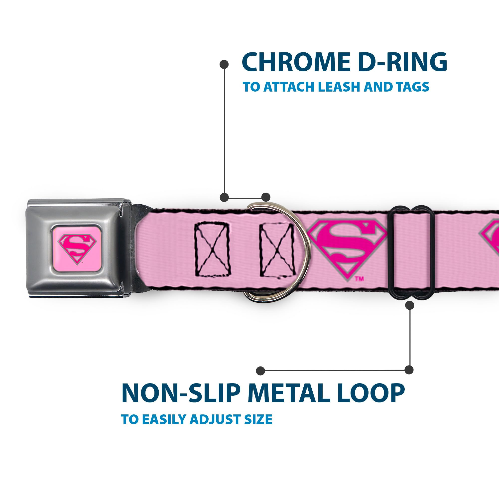 Buckle-Down Seatbelt Buckle Dog Collar - Superman Shield Pink - 1.5' Wide - Fits 18-32' Neck - Large