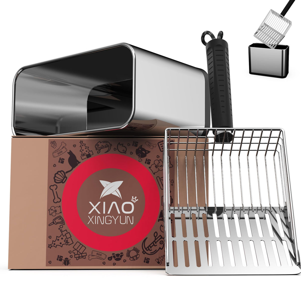 Xiaoxingyun Stainless Steel Cat Litter Scooper With Holder, Metal Cat Litter Scoop Holder Includes Litter Bags, Heavy-Duty Scoop