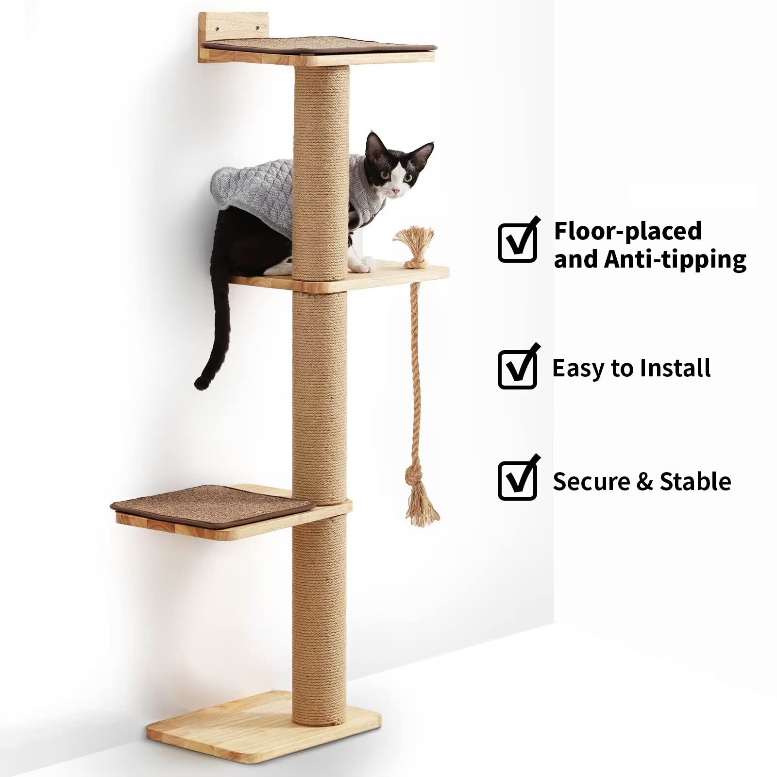 Fukumaru Cat Scratching Activity Tree Wall Mounted, 50 Inch Scratch Post For Large Cats, Kittens With Cat Bed, Rubber Wood, Large