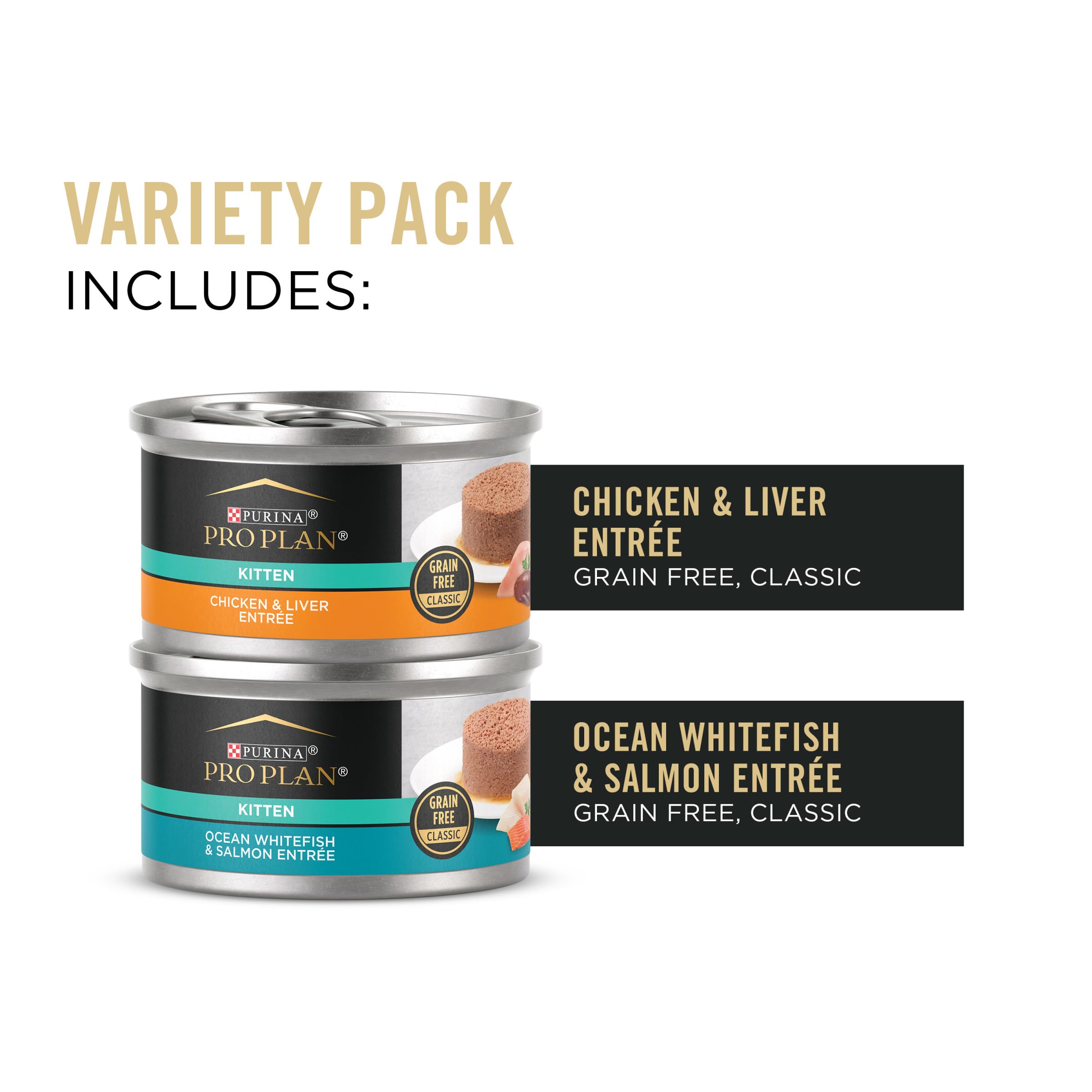 Purina Pro Plan Grain Free Chicken and Liver and Ocean Whitefish and Salmon 24 ct Kitten Wet Food Variety Pack - (24) 3 oz. Cans